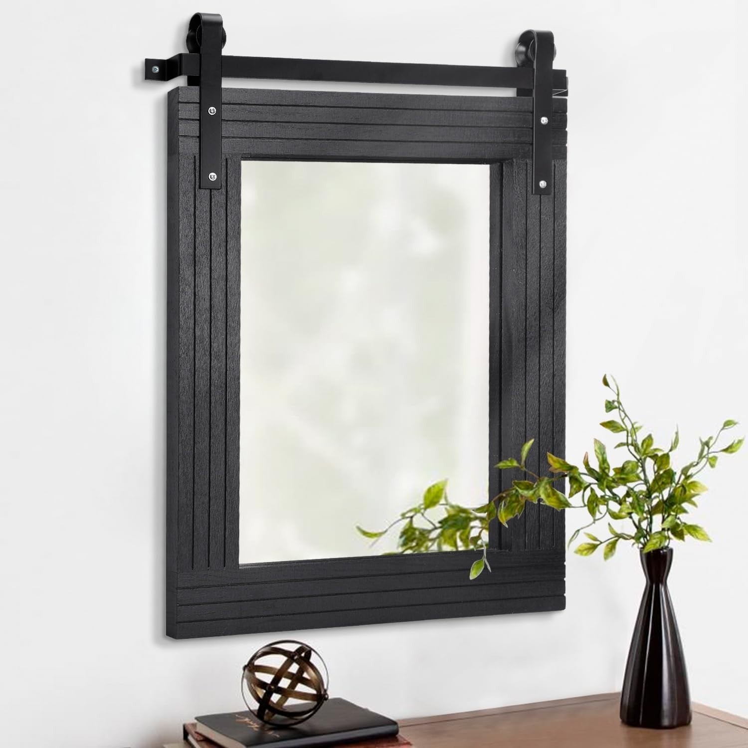 Large Black Framed Rectangle Wall Mirror - Barn Door Style for Bathroom, Bedroom1