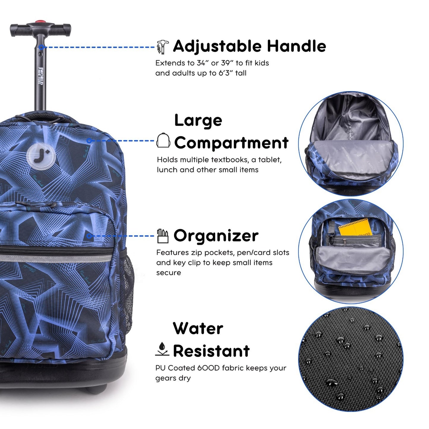 Kids Rolling Backpack with Wheels, School Roller Bookbag for Girls & Boys, 18" x5