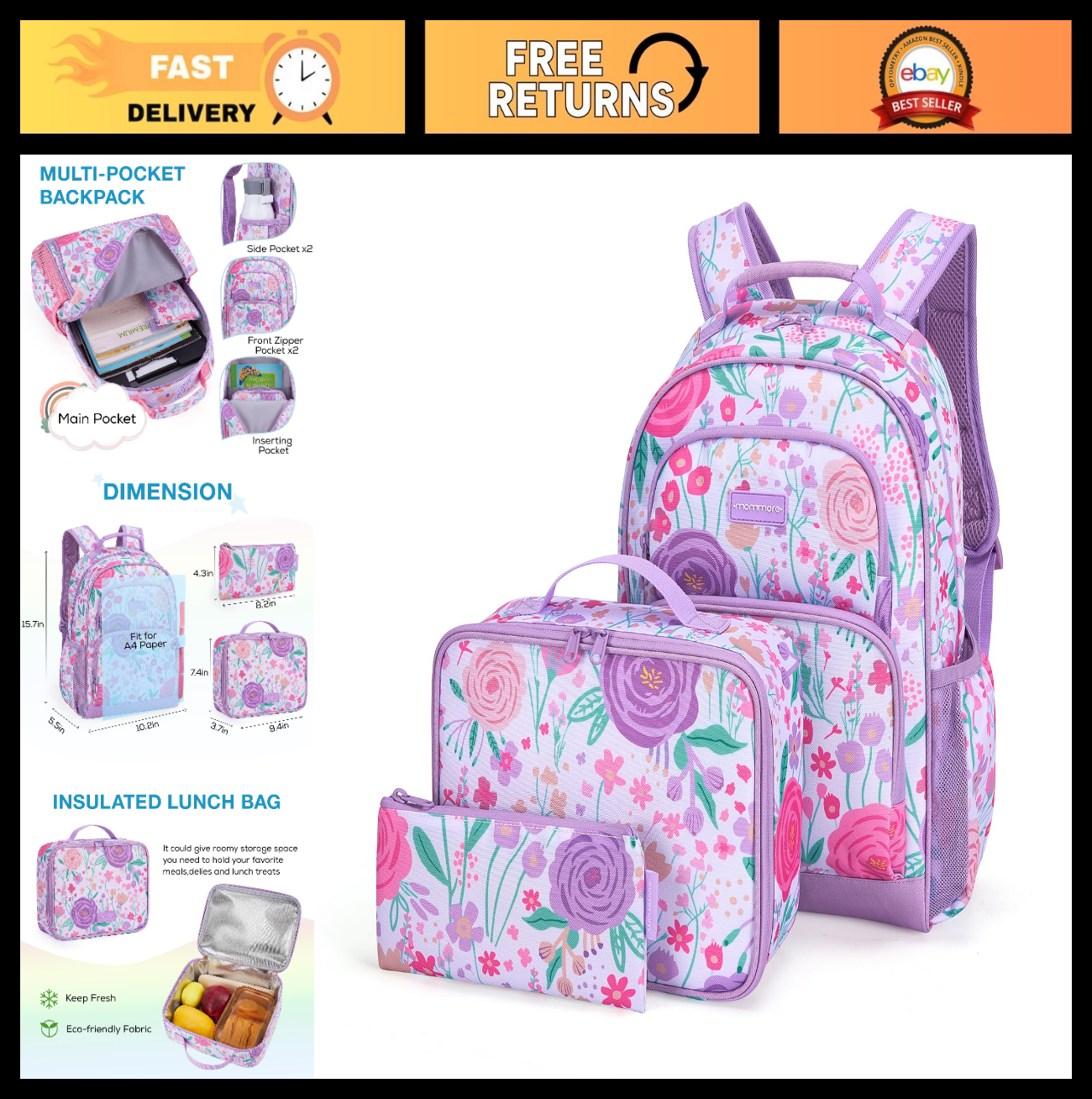 Kids Backpack Set for Preschool & Kindergarten, 3-Piece with Lunch Box & Pencil0