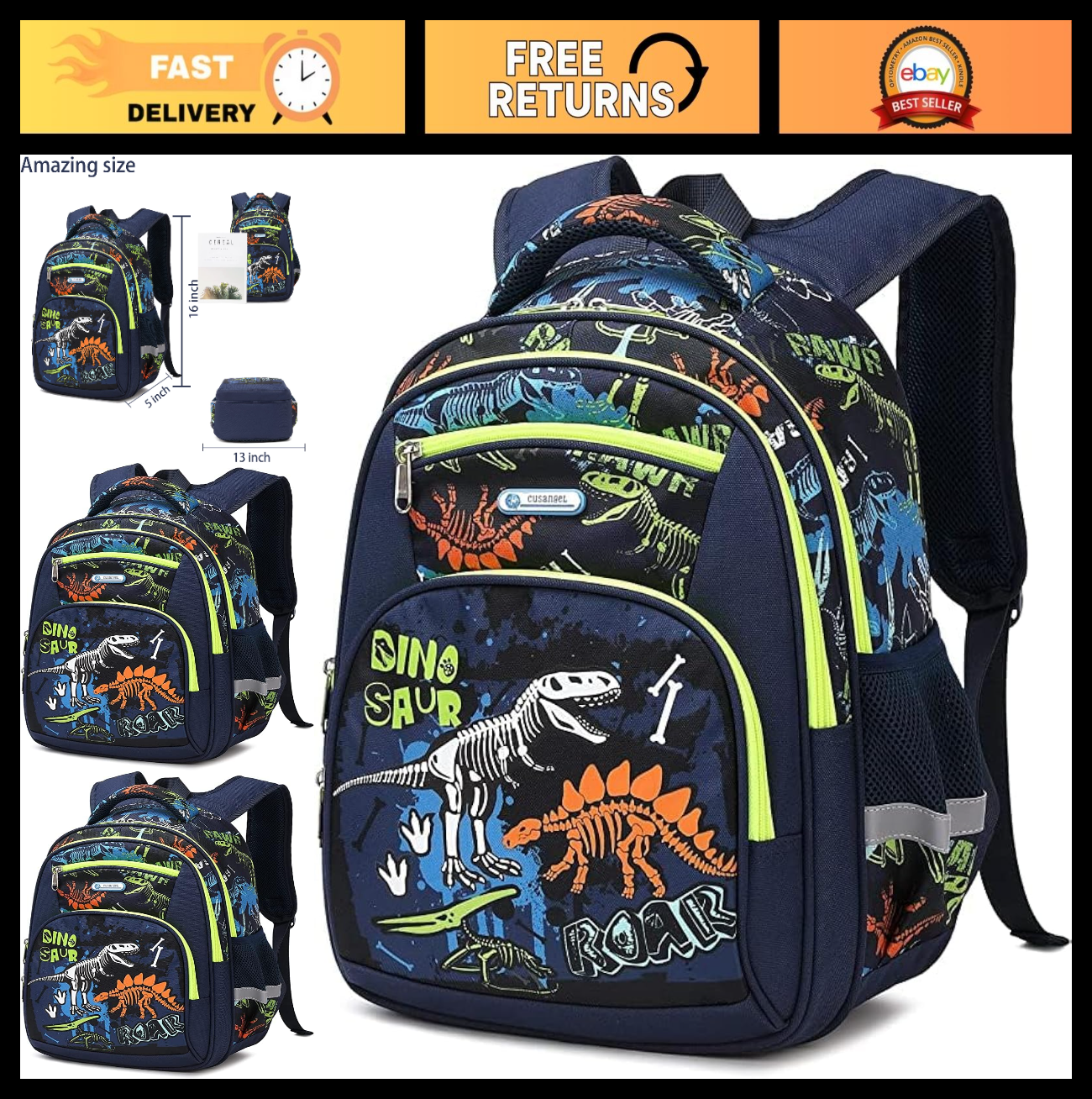 Lightweight Waterproof School Backpack for Kids, Large Capacity, 16" Luminous Di0