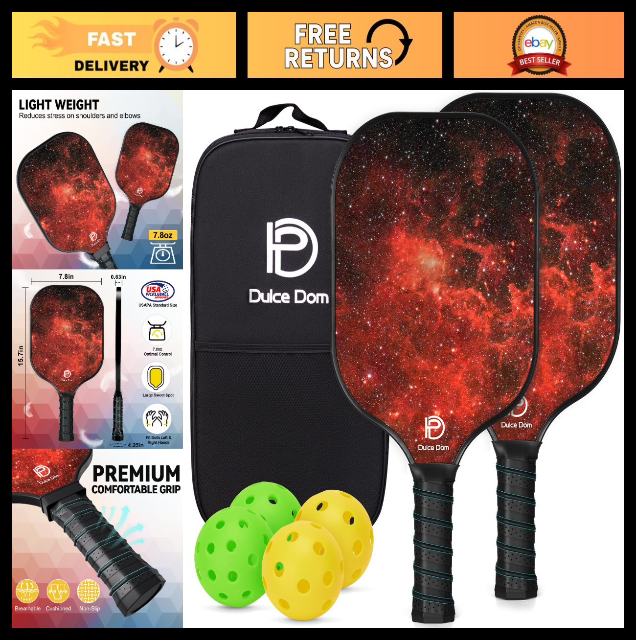 Pickleball Paddles Set of 2/4 - USAPA Approved, Fiberglass/Graphite Rackets, Car0