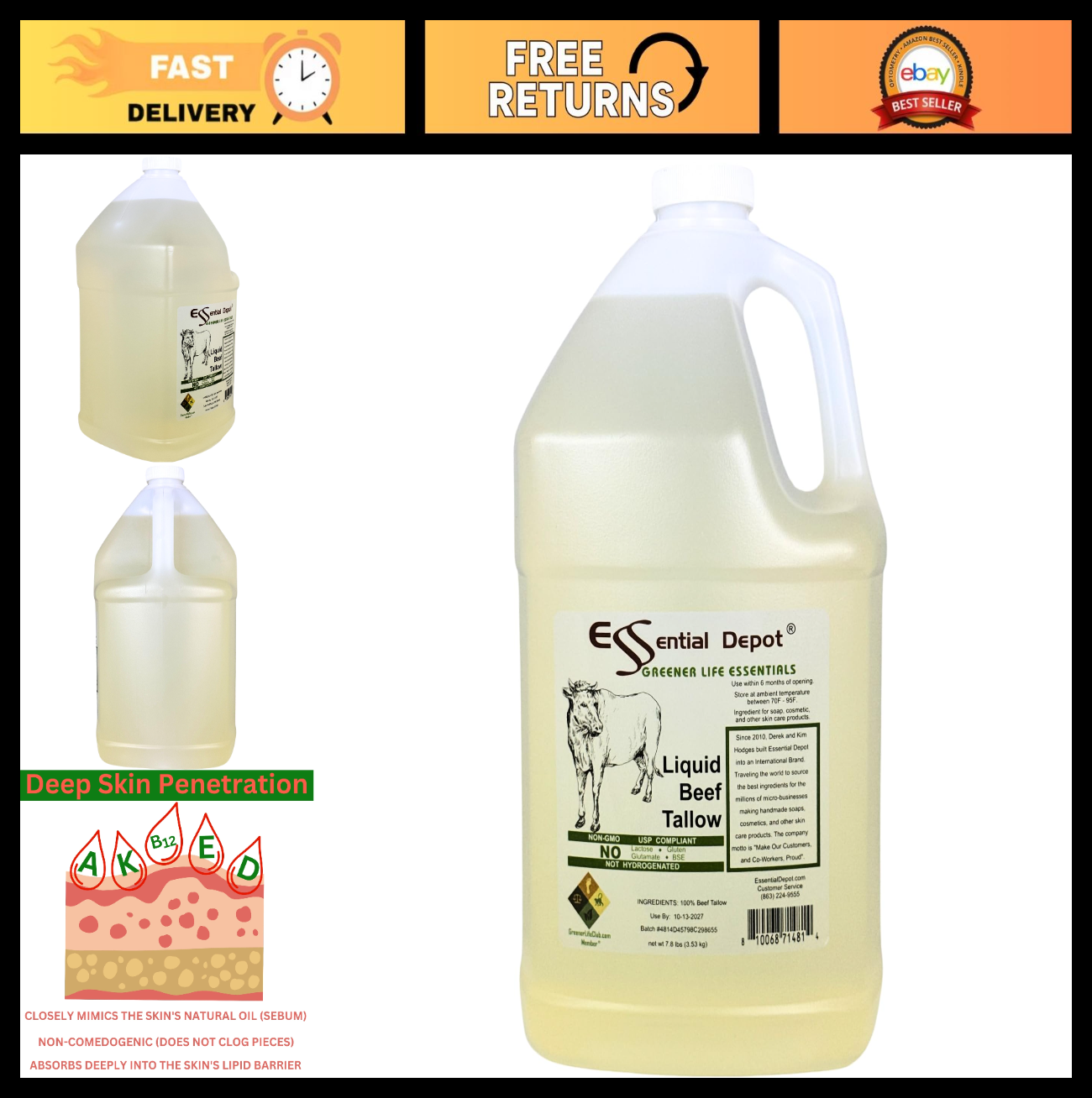 Pure Beef Tallow 1 Gallon - 7.8 lb - No Additives - Ideal for Soap & Skin Care0