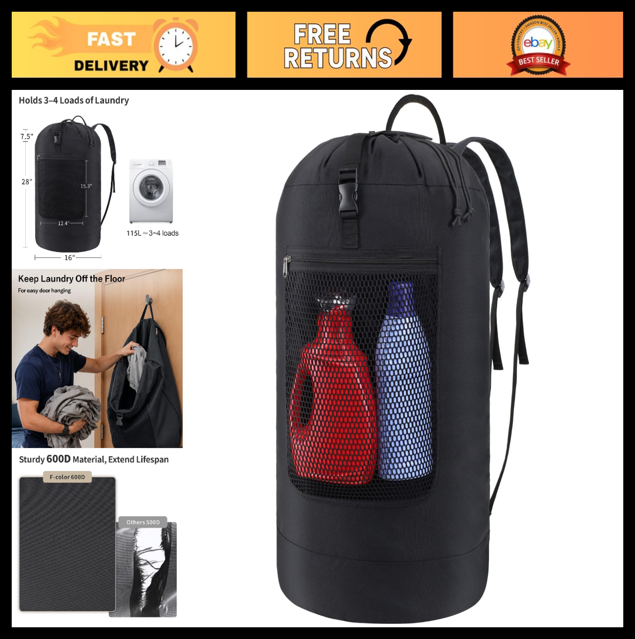 115L Laundry Backpack Bag - Heavy-Duty, Wide Straps, Mesh Pocket, Drawstring - D0