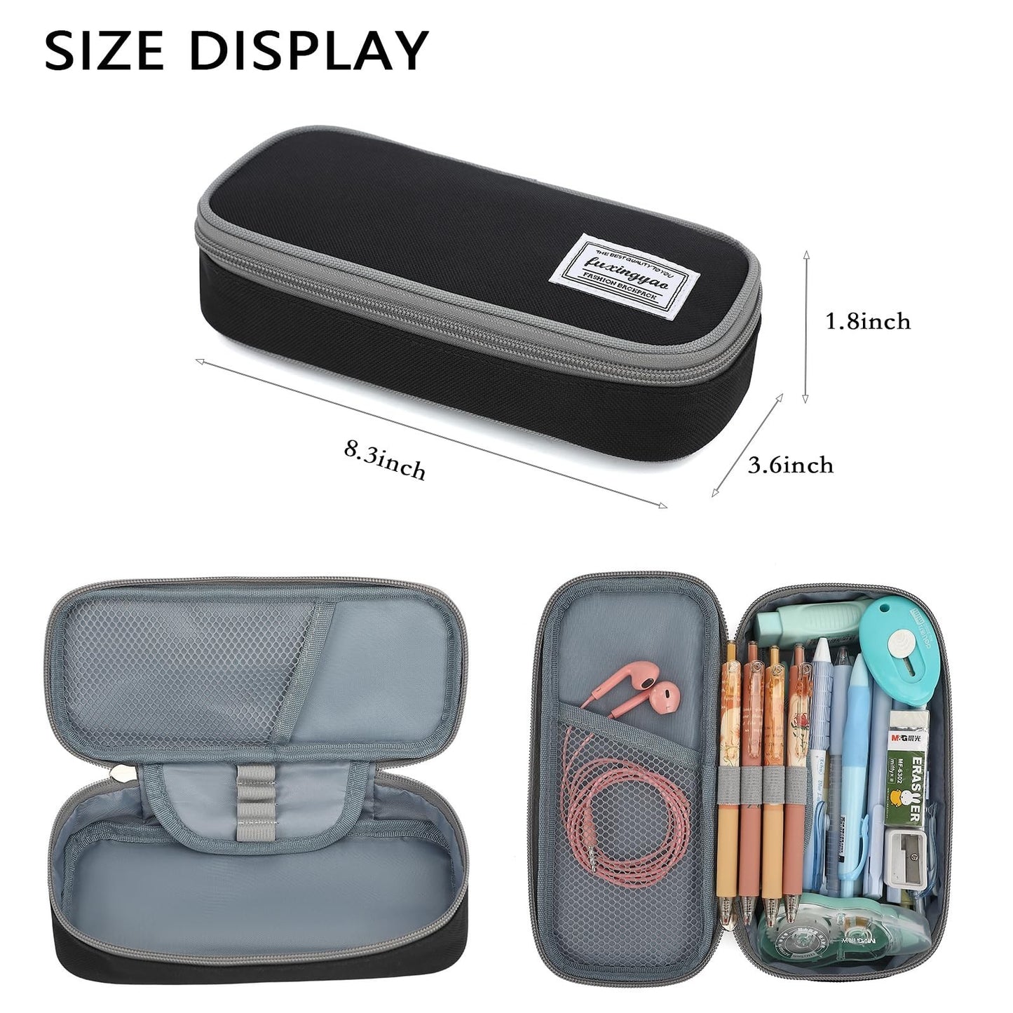 Multi Compartment Pencil Case, Portable Pouch for School & Office, Black/Gray2