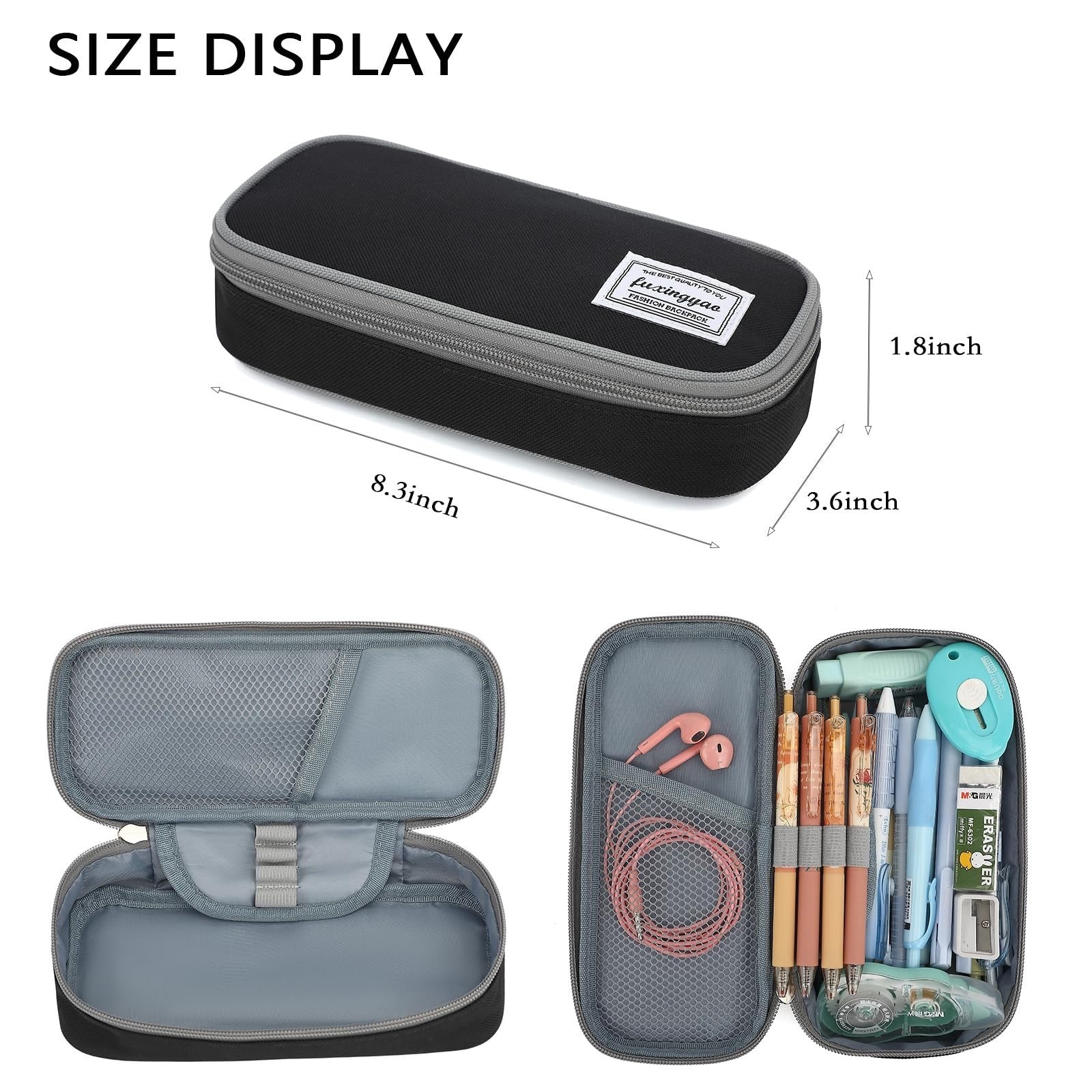 Multi Compartment Pencil Case, Portable Pouch for School & Office, Black/Gray2