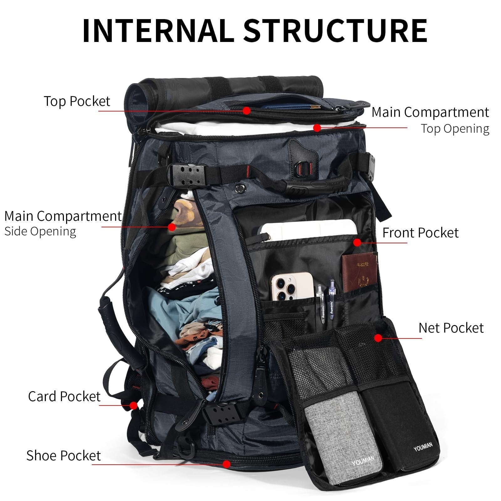 Large Capacity Travel Hiking Sports Backpack Duffle Bag 60L Convertible Laptop B2