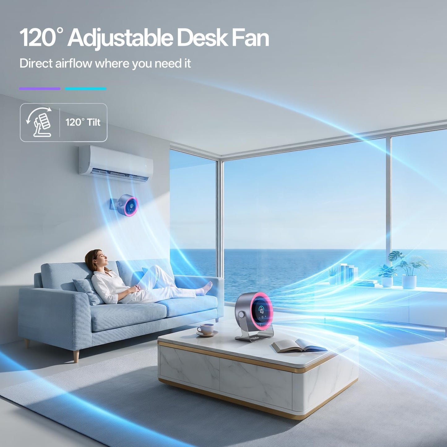 Quiet USB Desk Fan   100 Speeds, Digital Display, Turbo Airflow, 120° Rotation,8