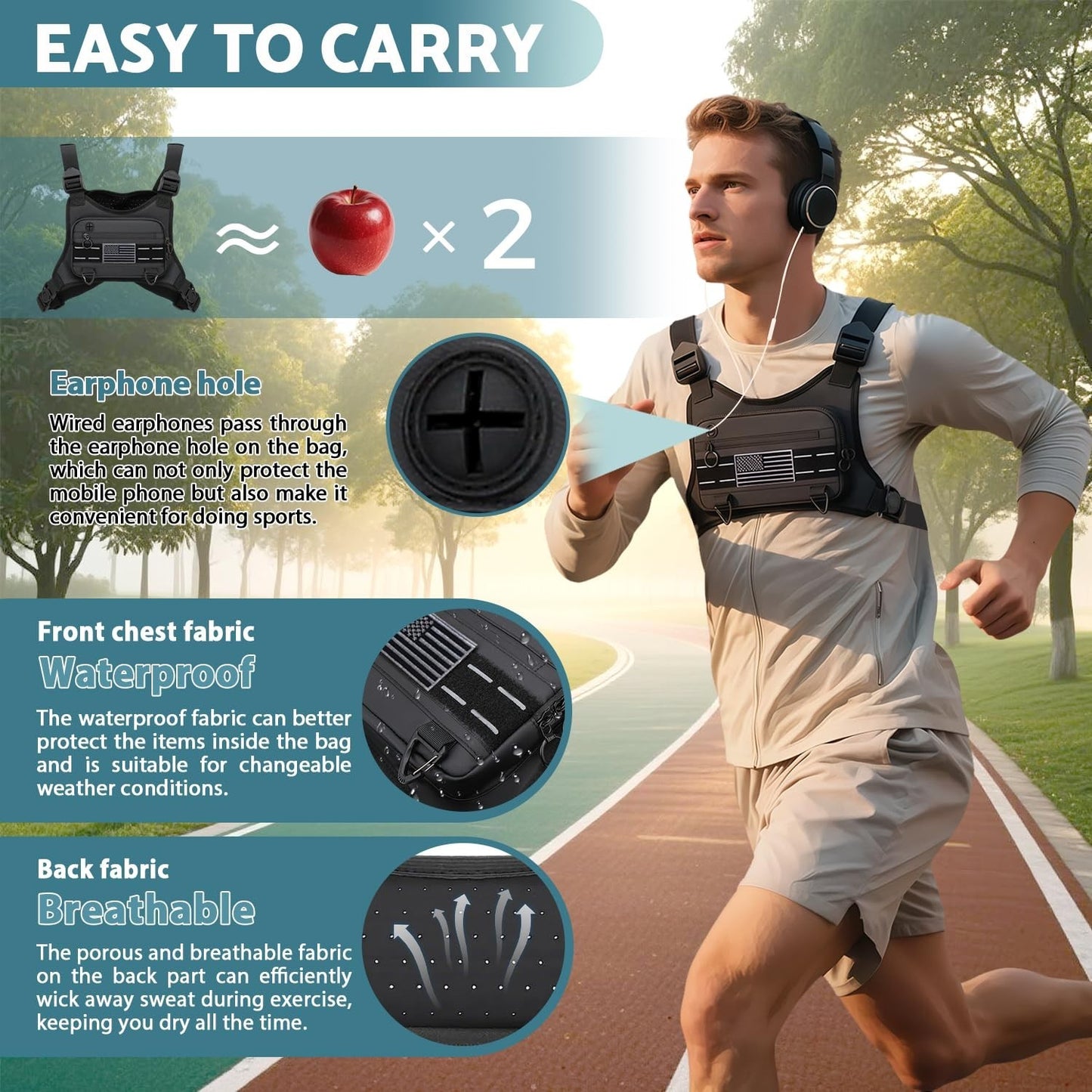 Lightweight Water-Resistant Chest Bag for Men - Front Running Vest with Phone Ho4