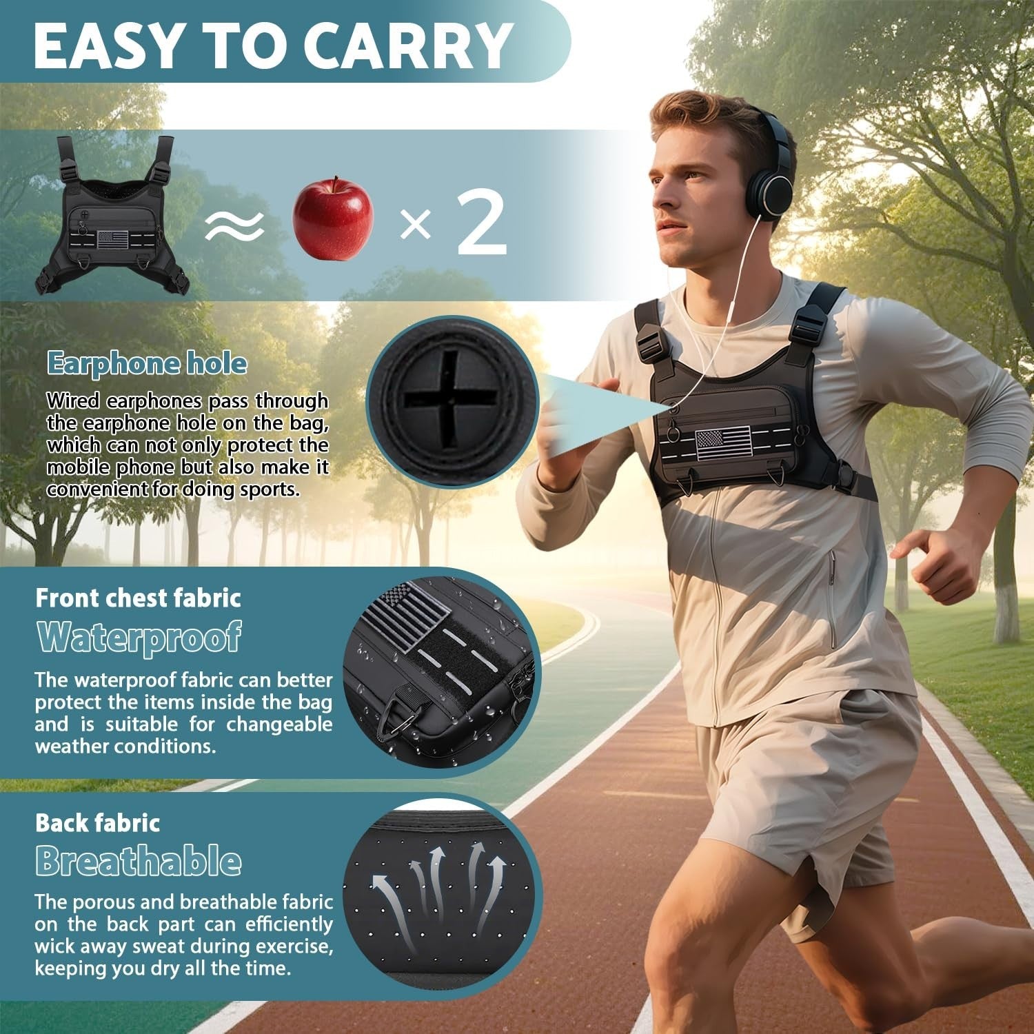 Lightweight Water-Resistant Chest Bag for Men - Front Running Vest with Phone Ho4