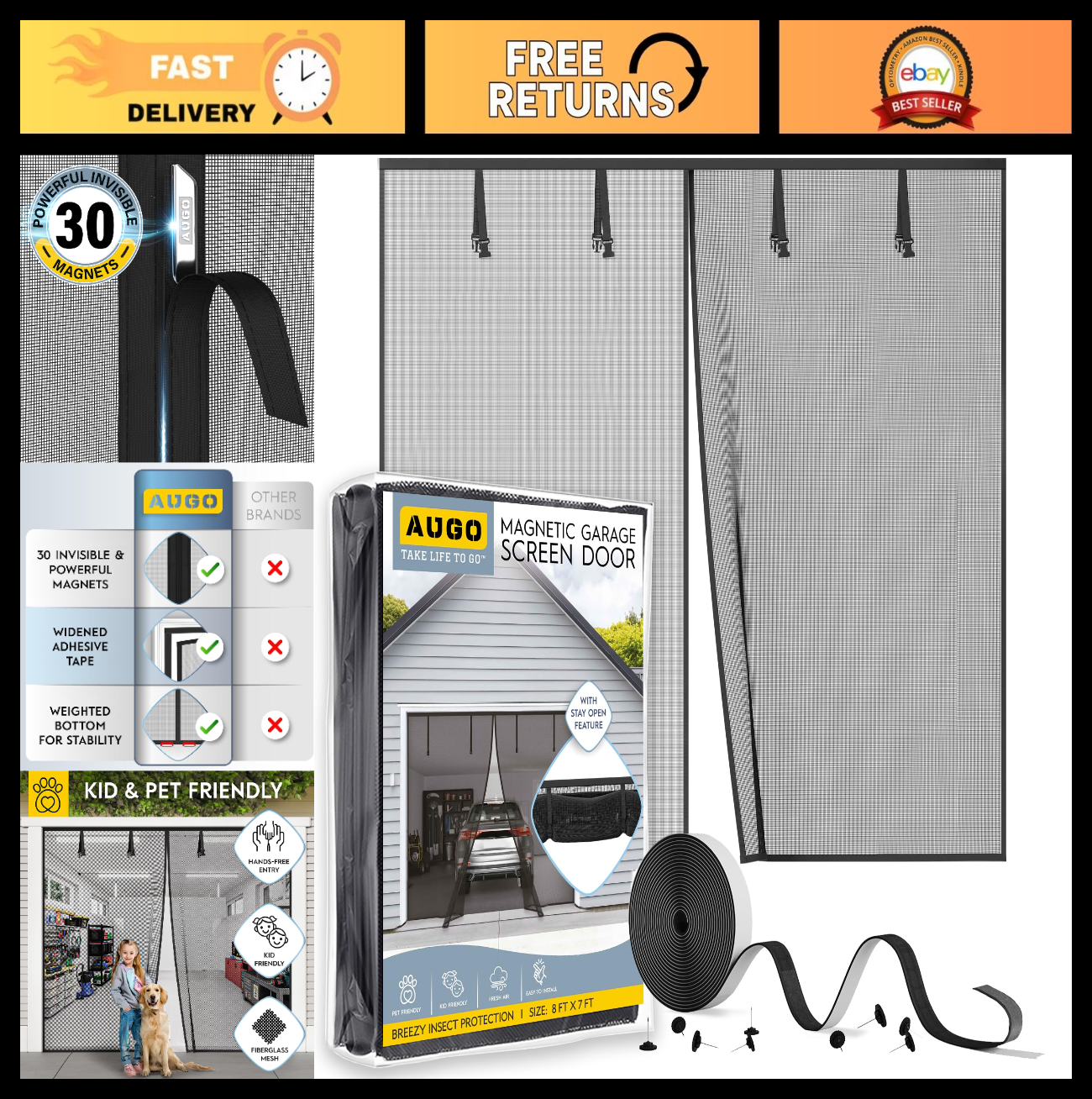 Magnetic Garage Door Screen   Heavy Duty Mesh for 1 Car   Pet & Kid Friendly, 8'0