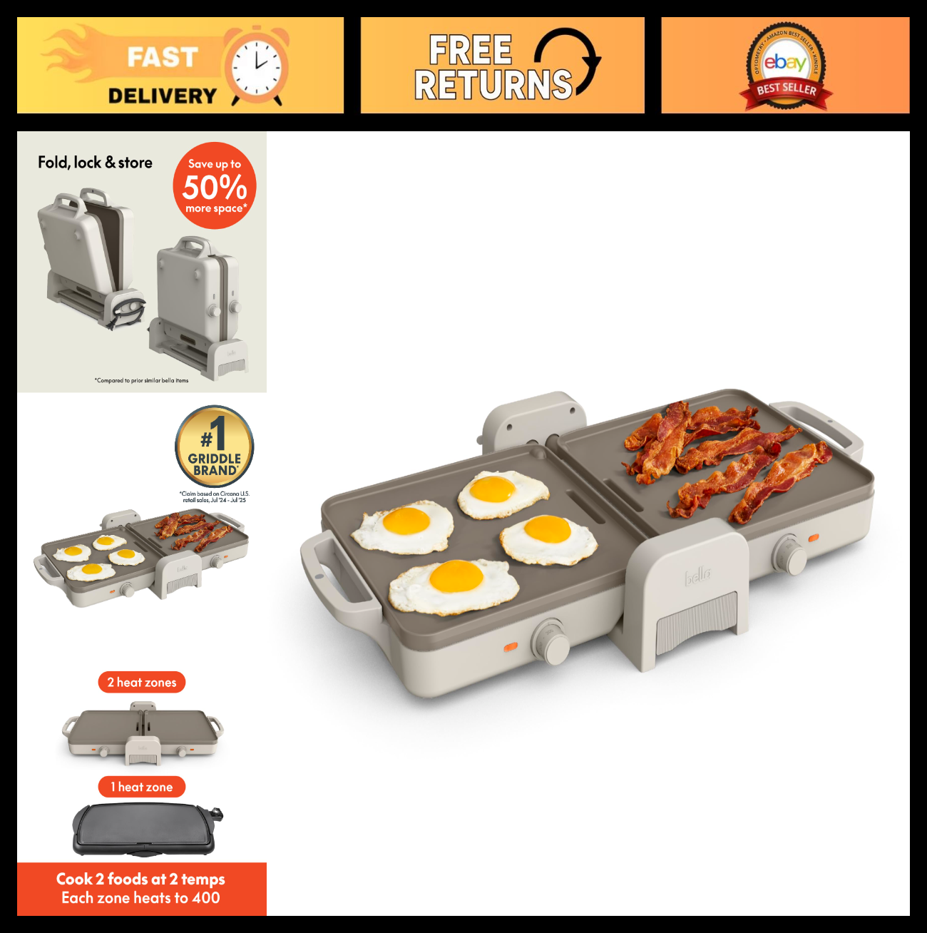 Ceramic Nonstick Griddle 10"x20" - Dual Temp, Fits Anywhere, 1500W, Dishwasher S0