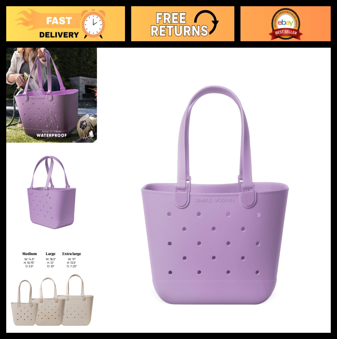 Large Waterproof Beach Tote Bag - Purple Getaway Bag with Zipper Pocket, Travel0