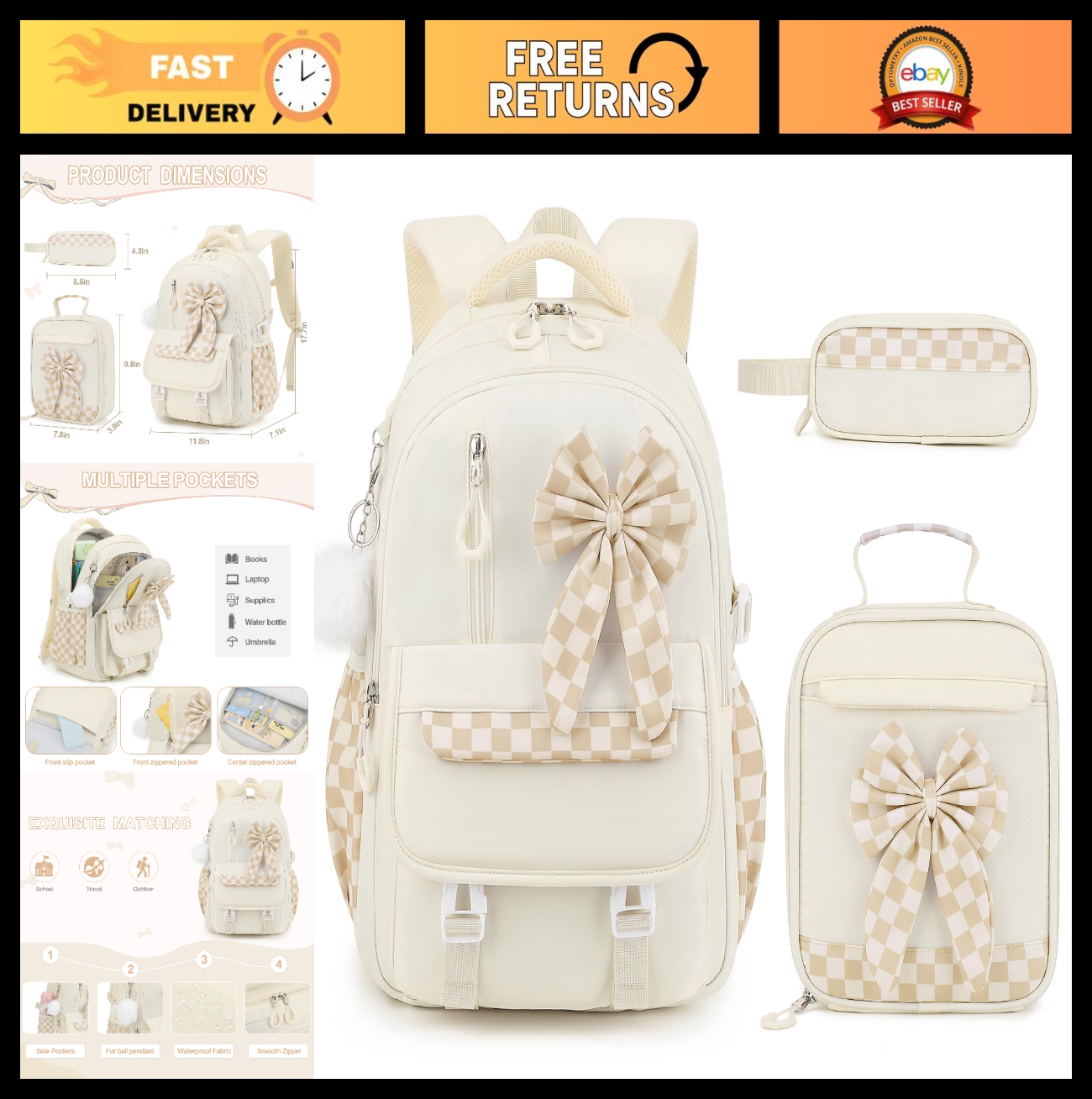 Girls Bow Backpack Set   3PCS with Lunch Bag & Pencil Case, Cute School Bag0