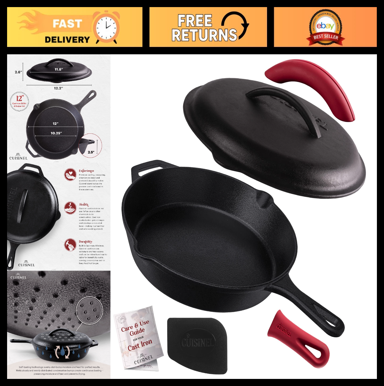 12-Inch Pre-Seasoned Cast Iron Skillet with Lid - Versatile Frying Pan Set for O0