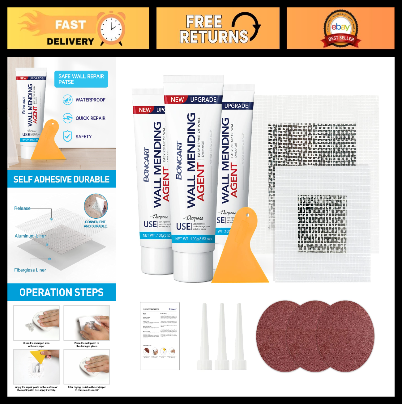 Wall Repair Kit 3 Pack   Spackle Mending Agent with Scraper, Sandpaper & Patches0