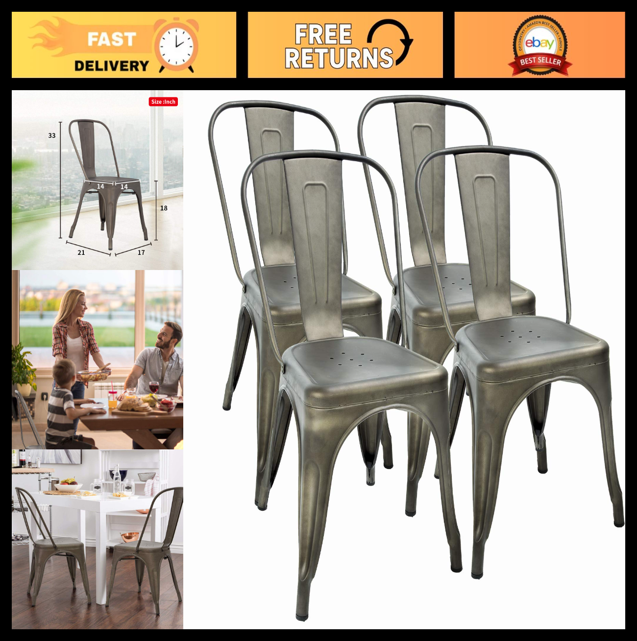 Set of 4 Stackable Metal Dining Chairs, Bronze, 330lbs Load, Indoor/Outdoor, Non0