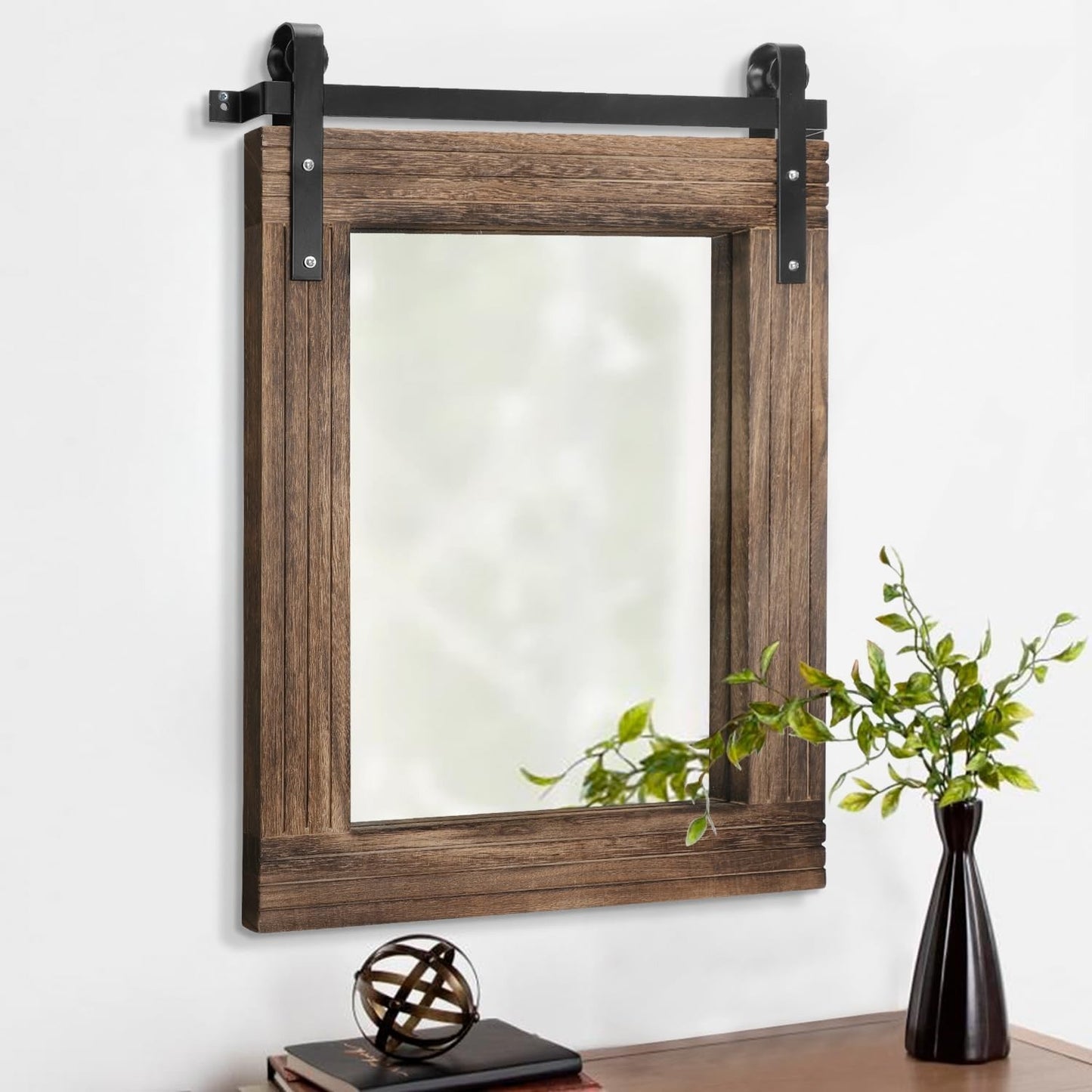Rustic Barn Door Wall Mirror - Large 20"x16" Wood Framed Decorative Mirror for H1
