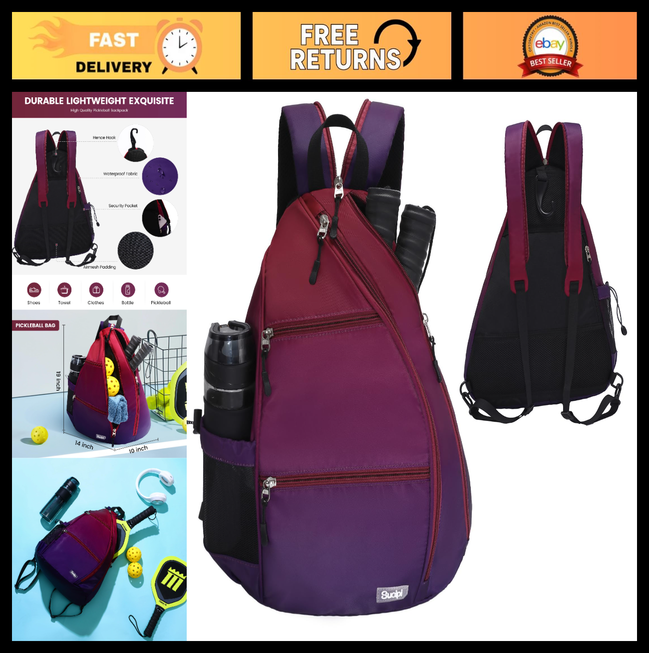 Adjustable Pickleball Backpack with Fence Hook, Large Capacity & Safety Pocket0