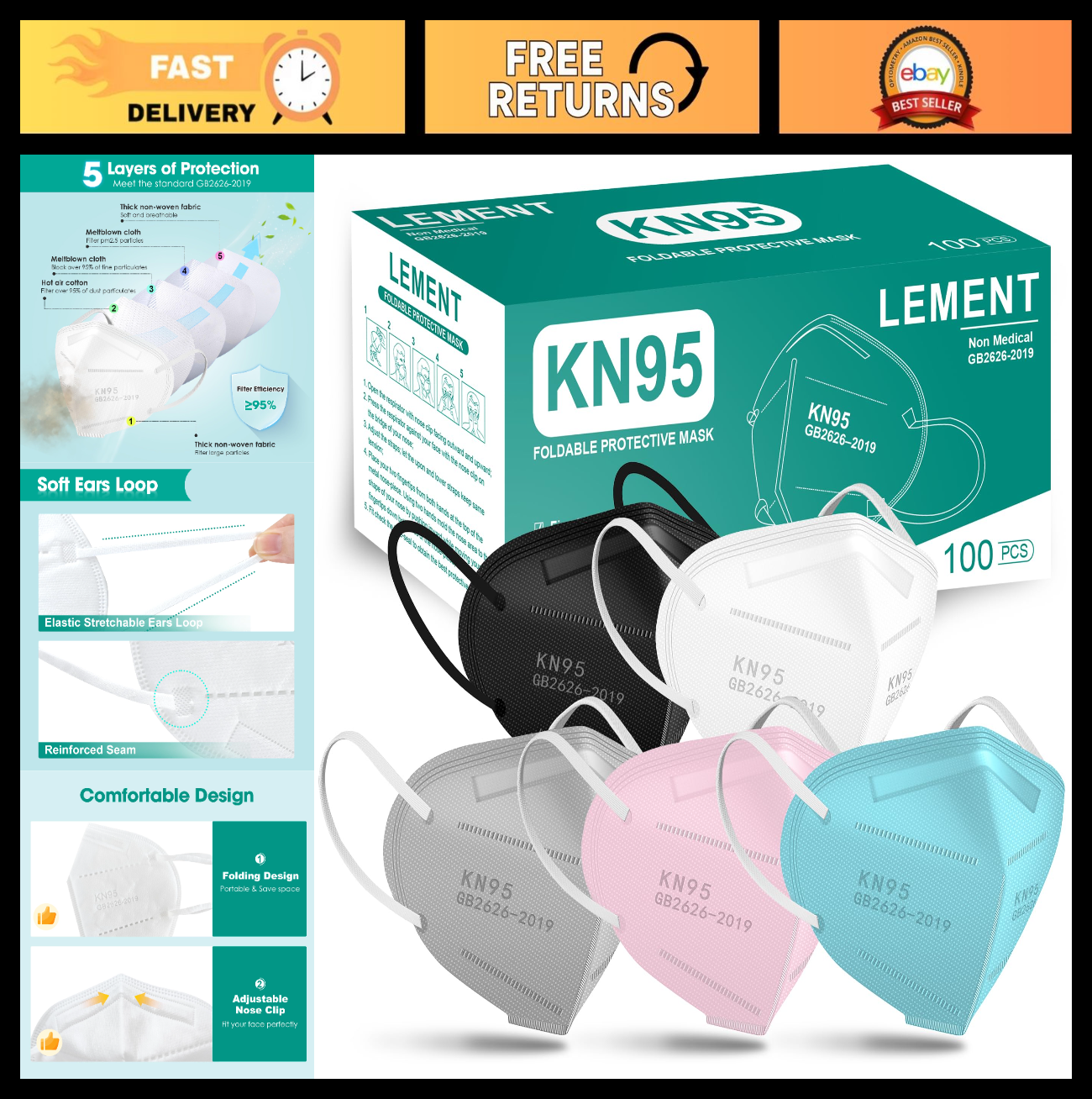 100 Pack KN95 Face Masks   Breathable Disposable Dust Masks for Adults, 5 Colors0