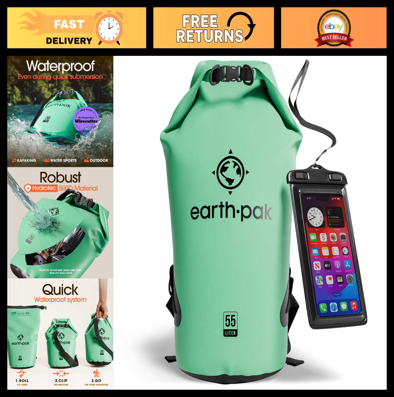 Waterproof Dry Bag Backpack   Roll Top Sack for Kayaking & Outdoor Gear + Phone0