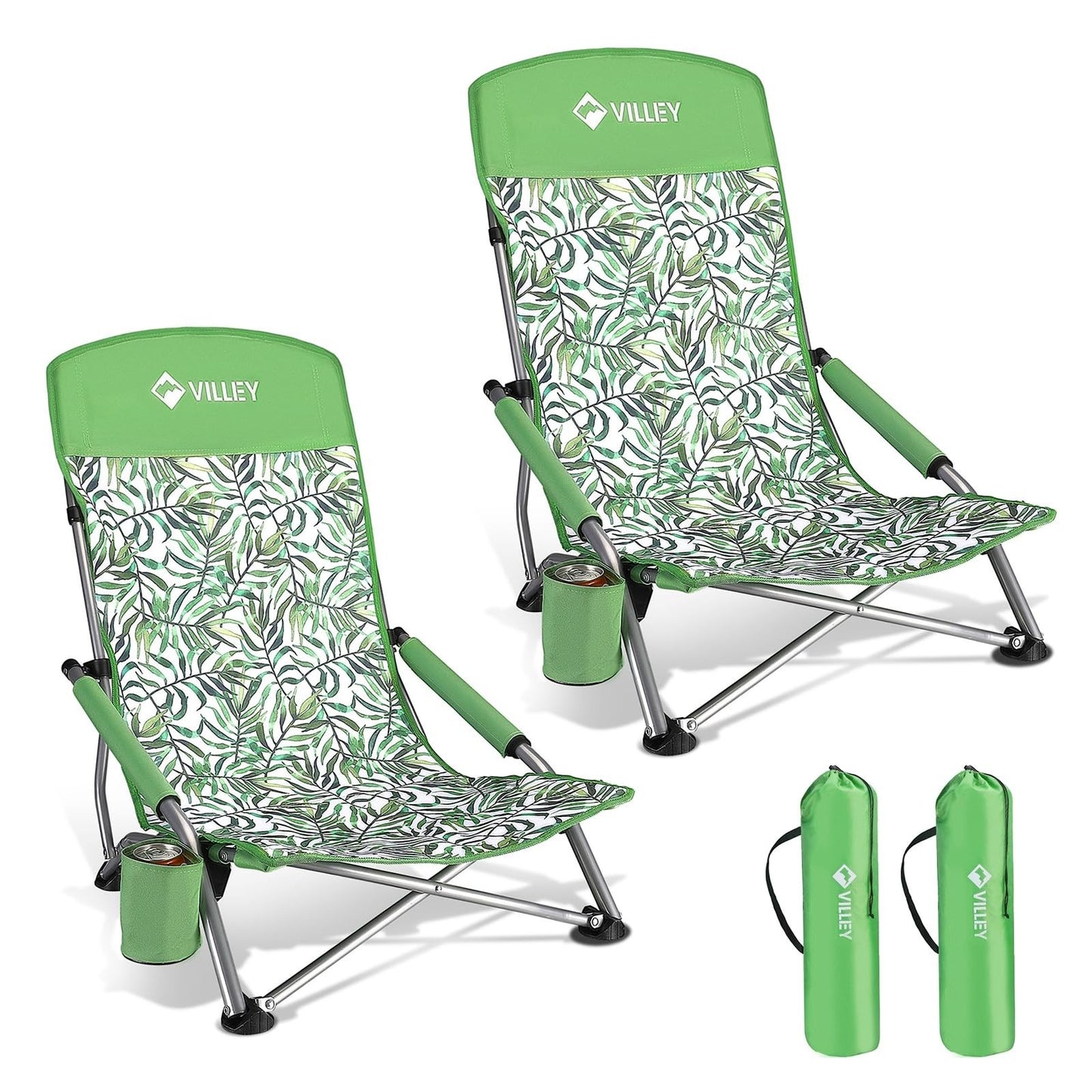 Lightweight Folding Beach Chairs - 2 Pack, High Back, Portable with Cup Holder,1