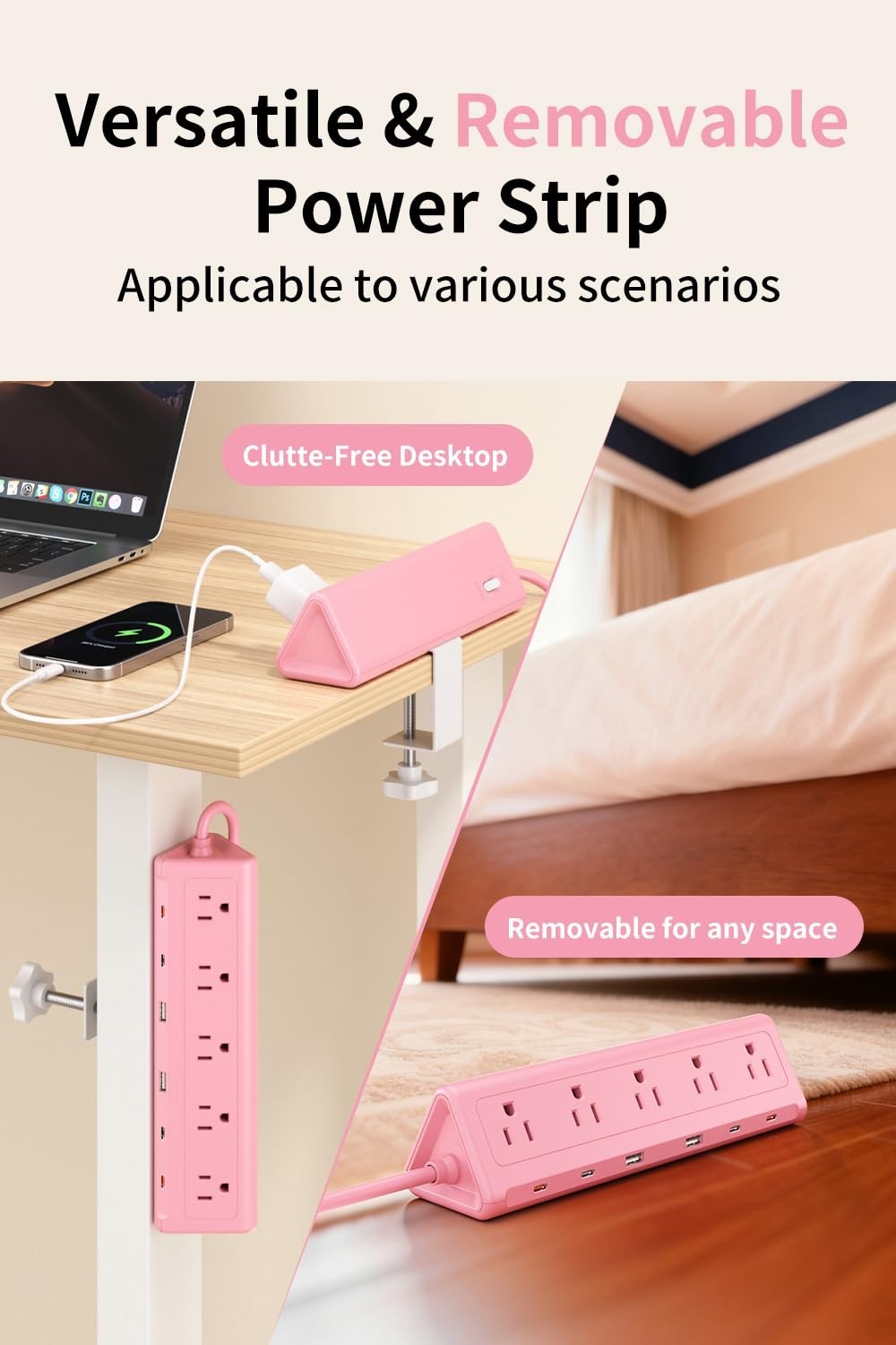 6.5FT Desk Clamp Power Strip   5 AC Outlets, 6 USB Ports, PD 40W Fast Charging,4