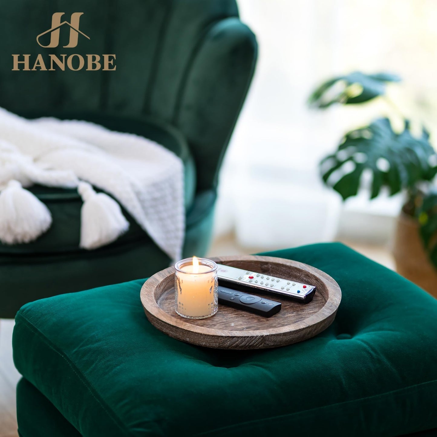 Rustic Wooden Coffee Table Tray - Round Decorative Serving Plate & Candle Holder7