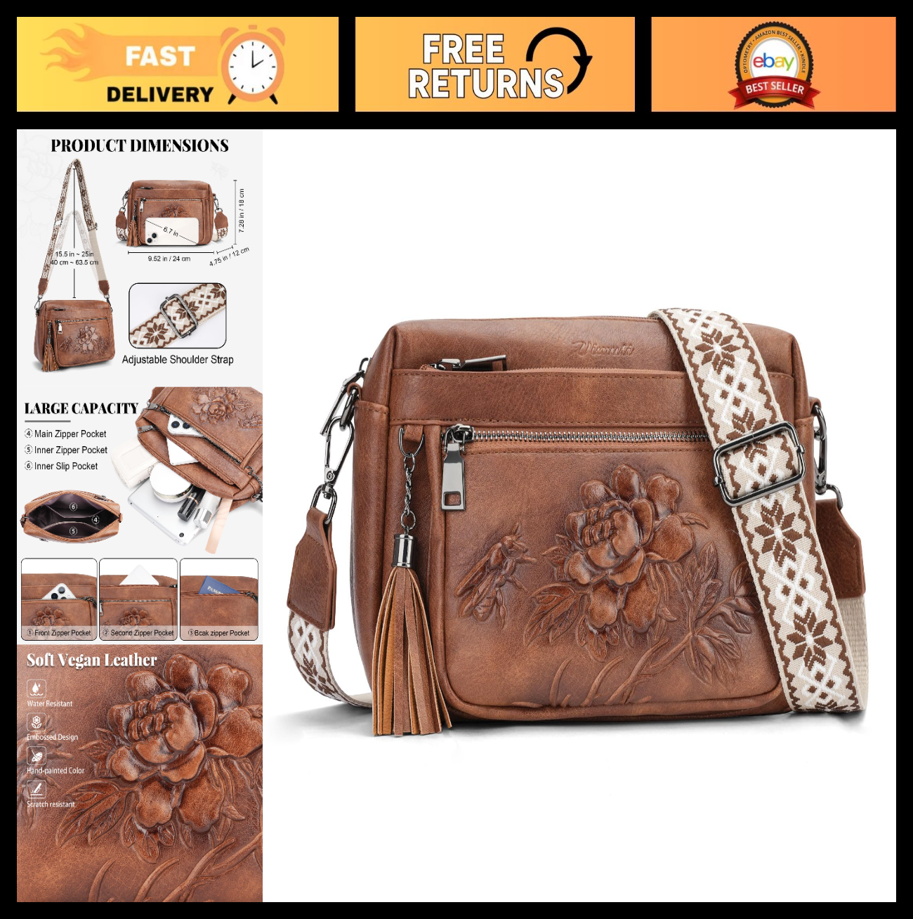 Stylish Vegan Leather Crossbody Bag for Women, Embossed Design, Trendy Purse0