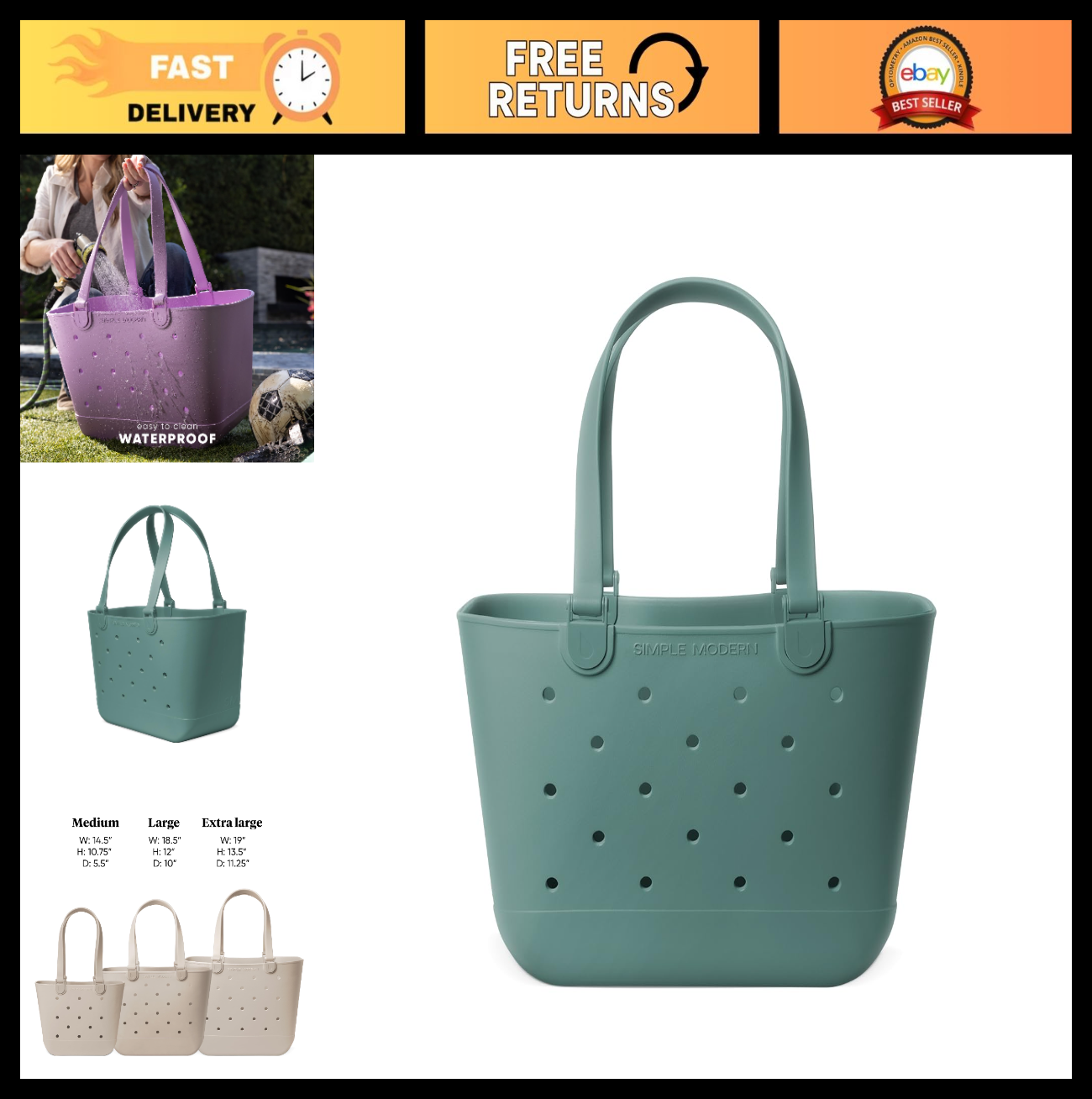 Large Waterproof Beach Tote Bag - Teal Getaway Bag with Zipper Pocket, Pool & Tr0