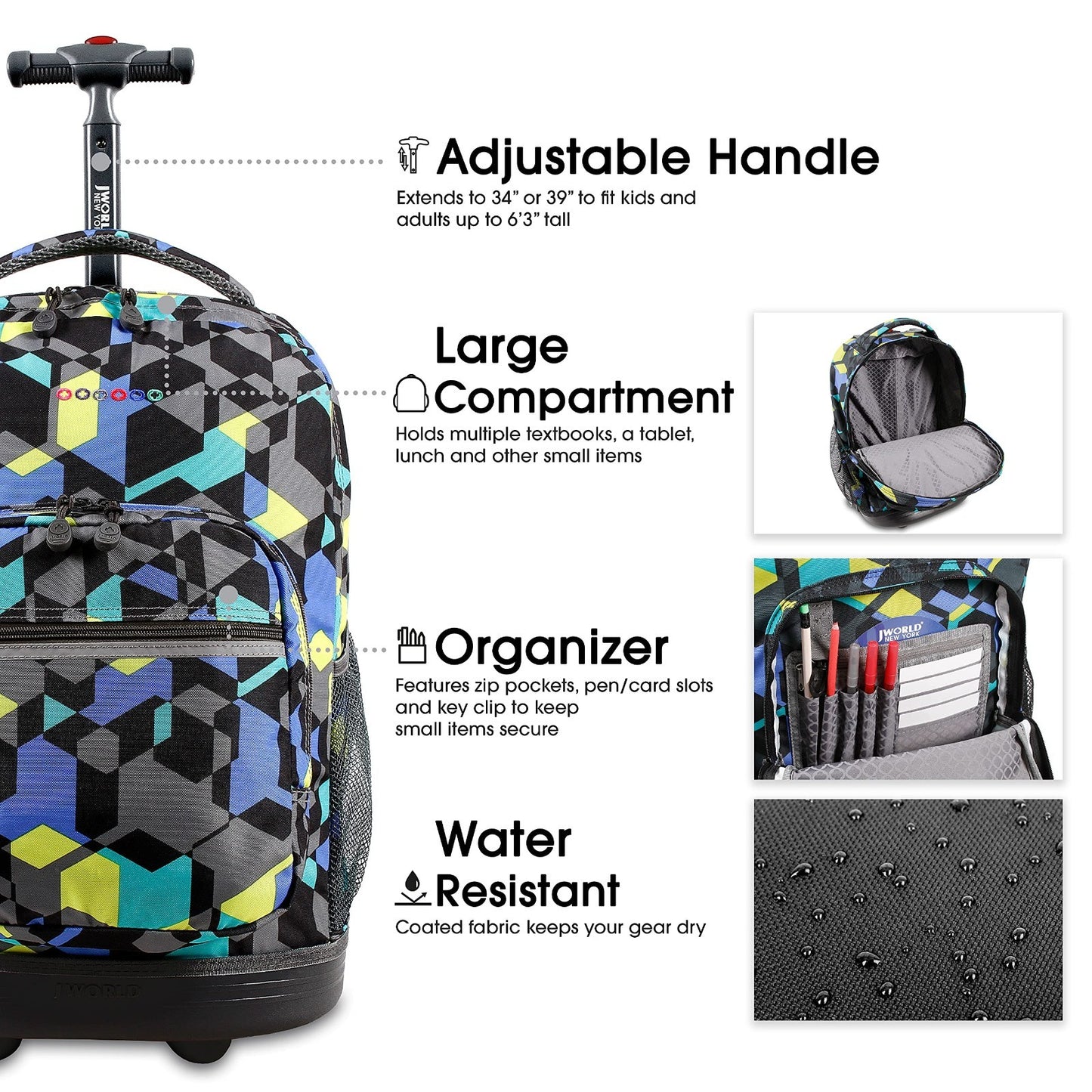 Kids Rolling Backpack with Wheels, School Roller Bookbag for Boys & Girls, 18"x14