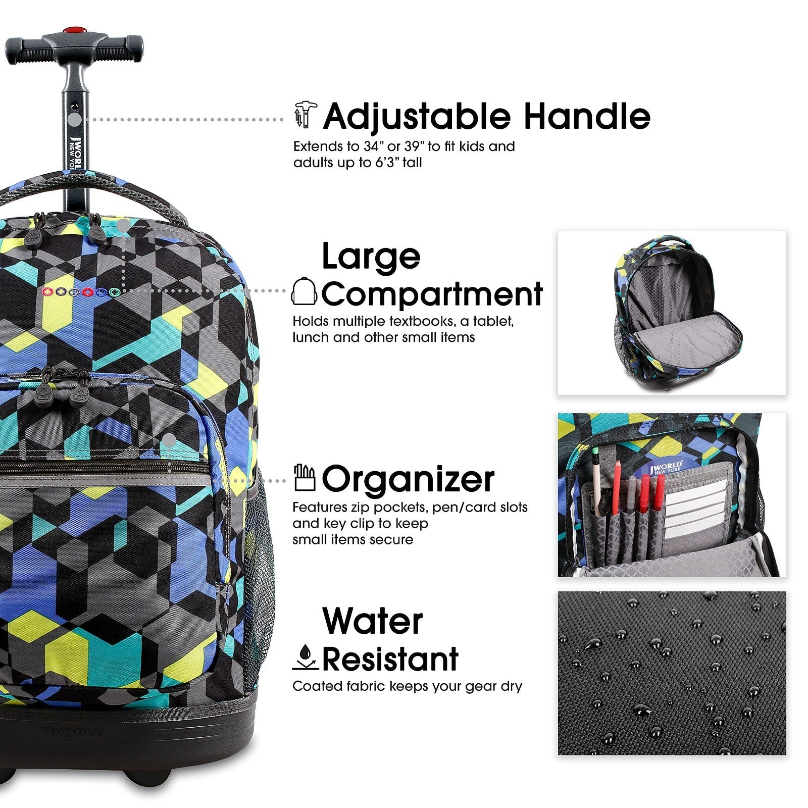 Kids Rolling Backpack with Wheels, School Roller Bookbag for Boys & Girls, 18"x14