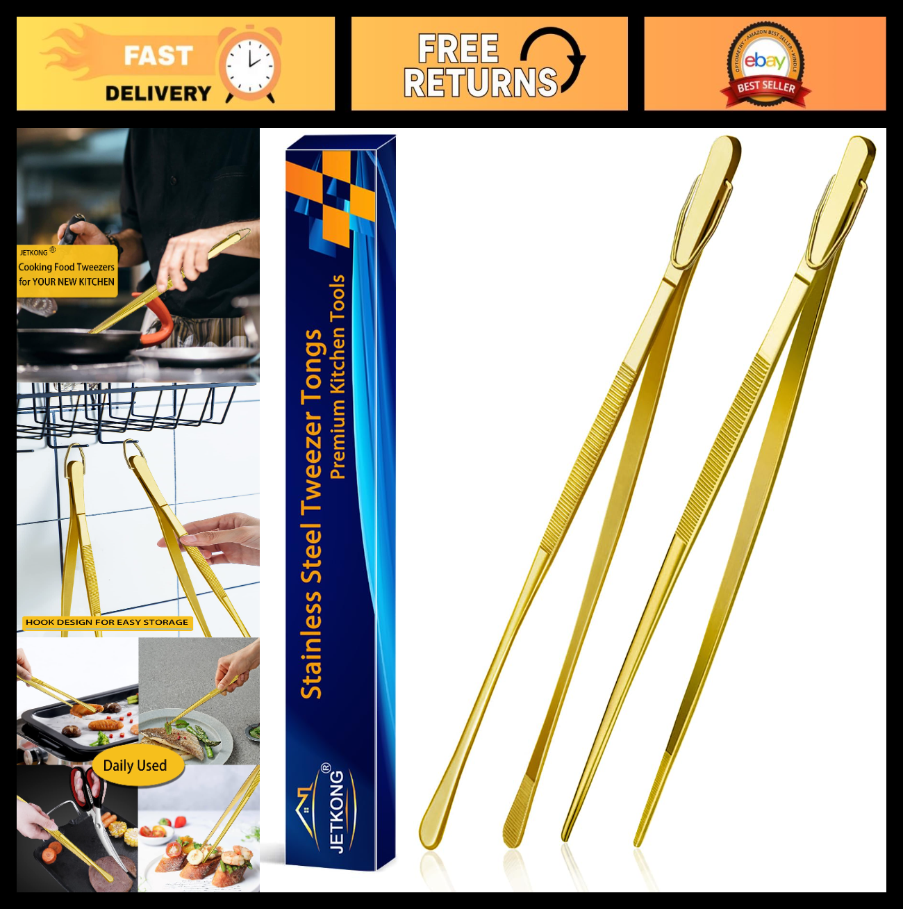 12 Inch Stainless Steel Cooking Tweezers   Set of 2 Kitchen Food Tongs (Gold)0