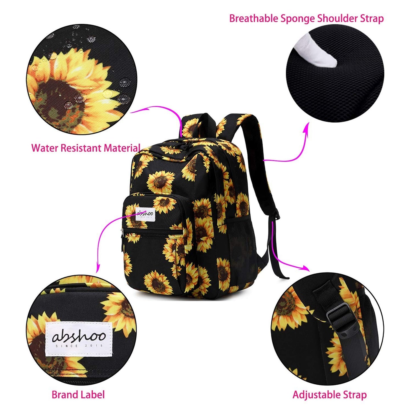 Sunflower Print Women's Backpack, Water Resistant School Bag for Teens, College4