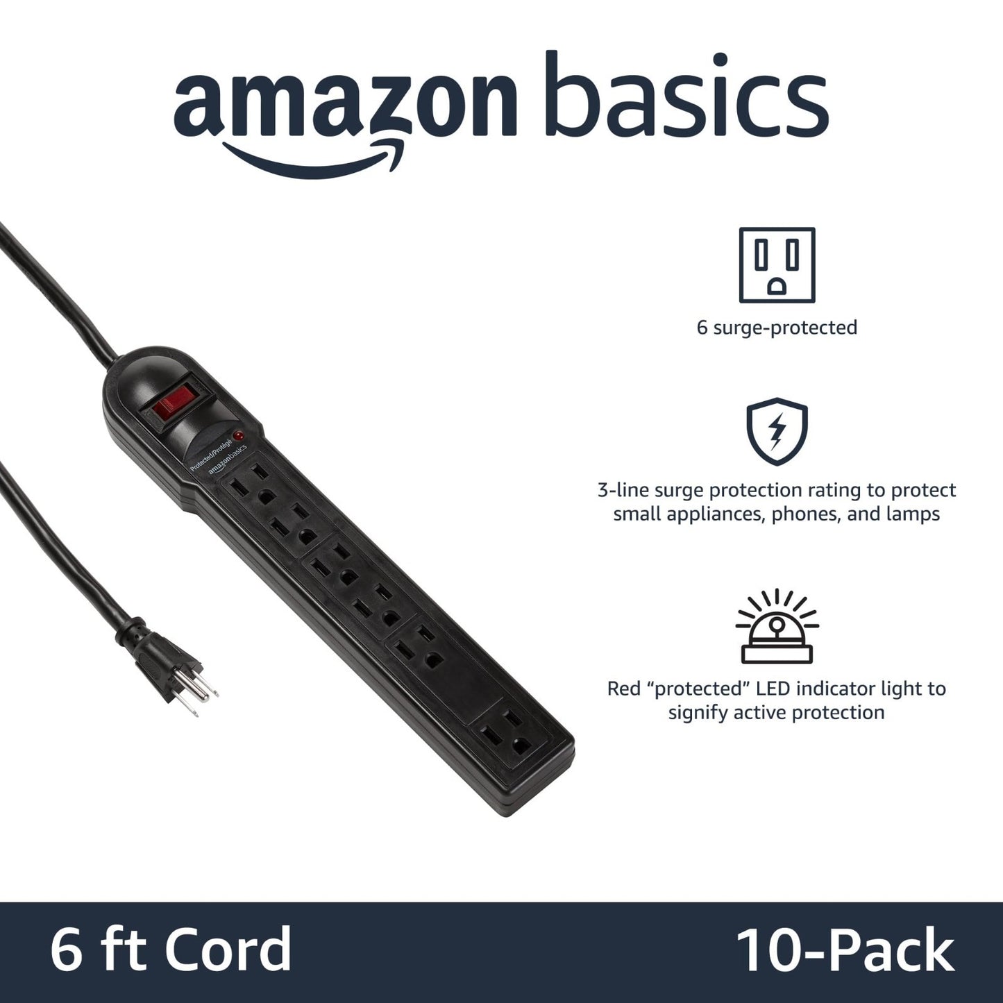 6 Outlet Surge Protector Power Strip, 790 Joules, Circuit Breaker, 6ft Cord, 10 2