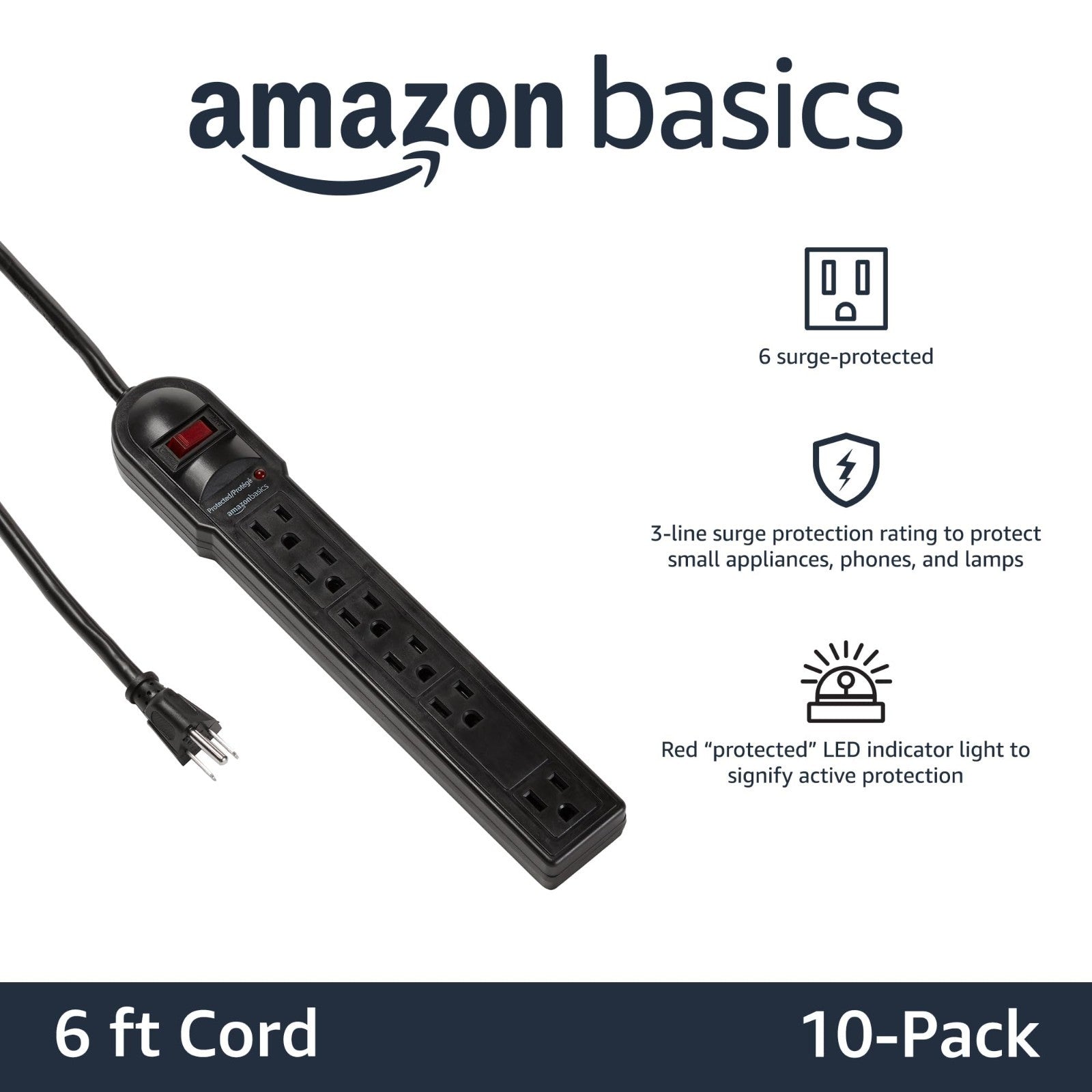 6 Outlet Surge Protector Power Strip, 790 Joules, Circuit Breaker, 6ft Cord, 10 2