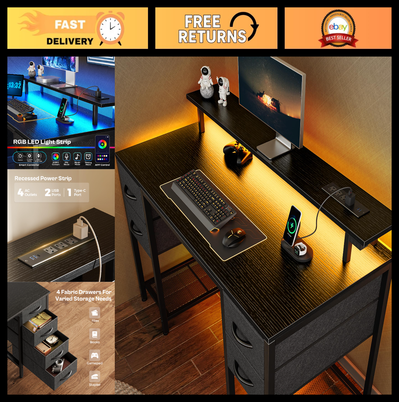 47" Gaming Desk with LED Lights, Power Outlets & 4 Drawers - Home Office Furnitu0