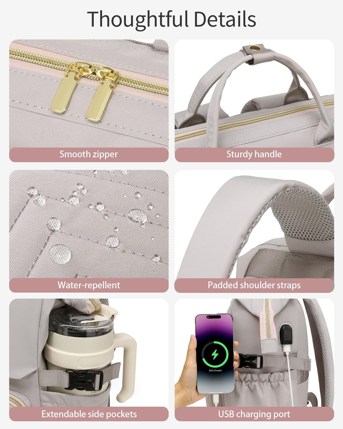Stylish Laptop Backpack for Women, College Bookbag with USB Charger & Cup Holder5