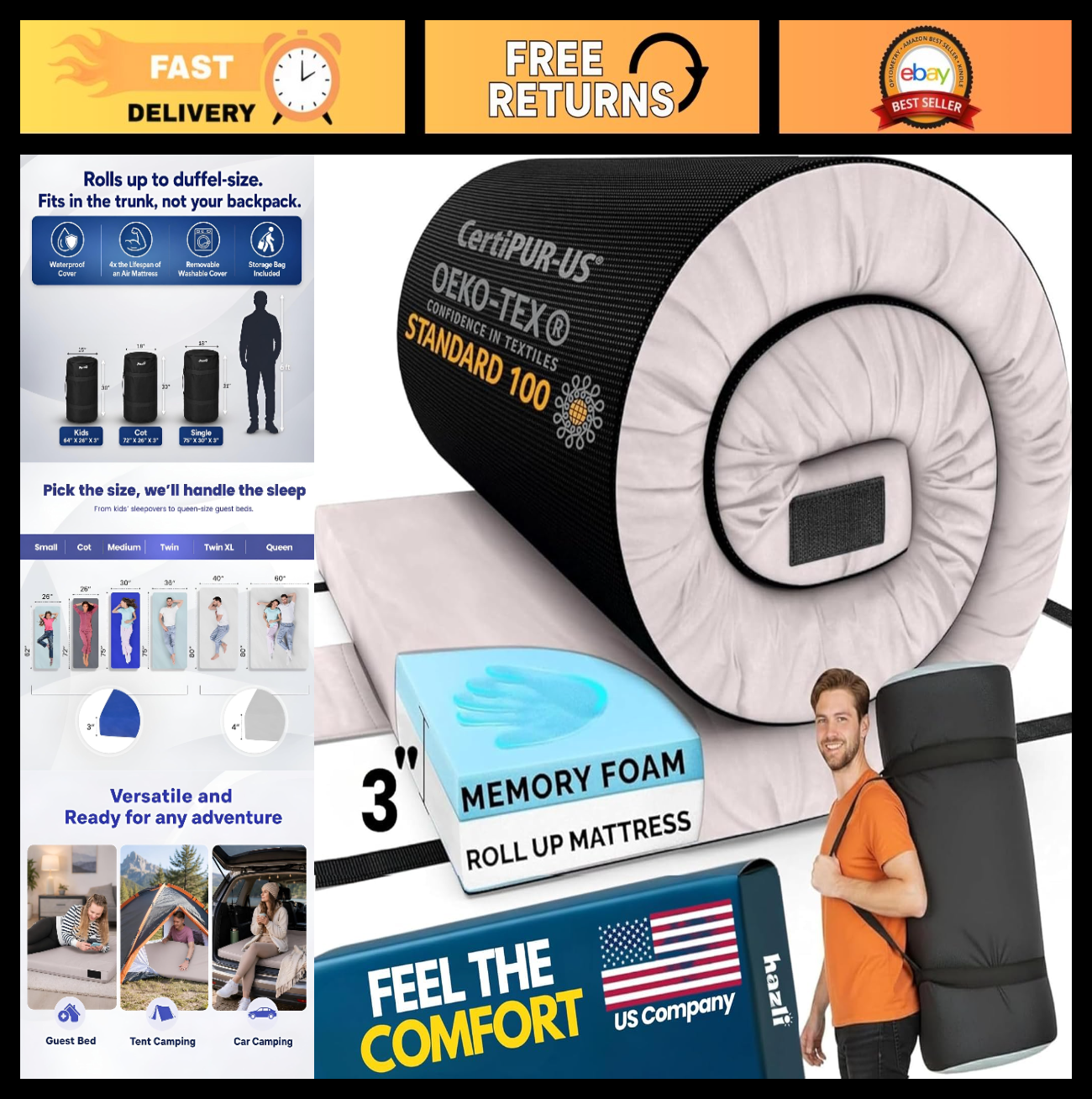 AirCell Memory Foam Camping Mattress Pad   Portable CertiPUR US Roll Up Sleeping0