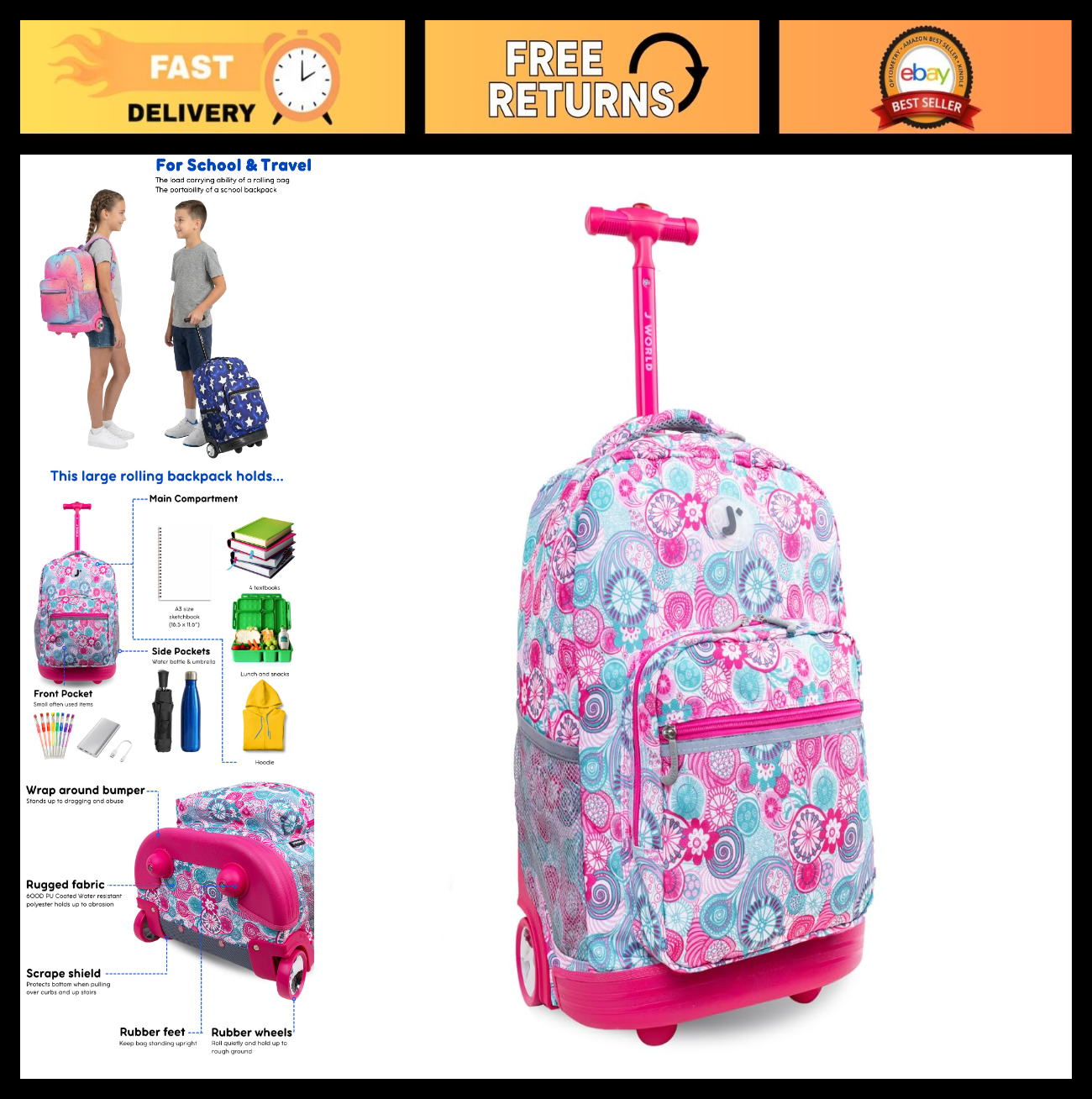 Rolling Backpack for Kids, 18" Lightweight Travel Bag, Blue Raspberry, School &0