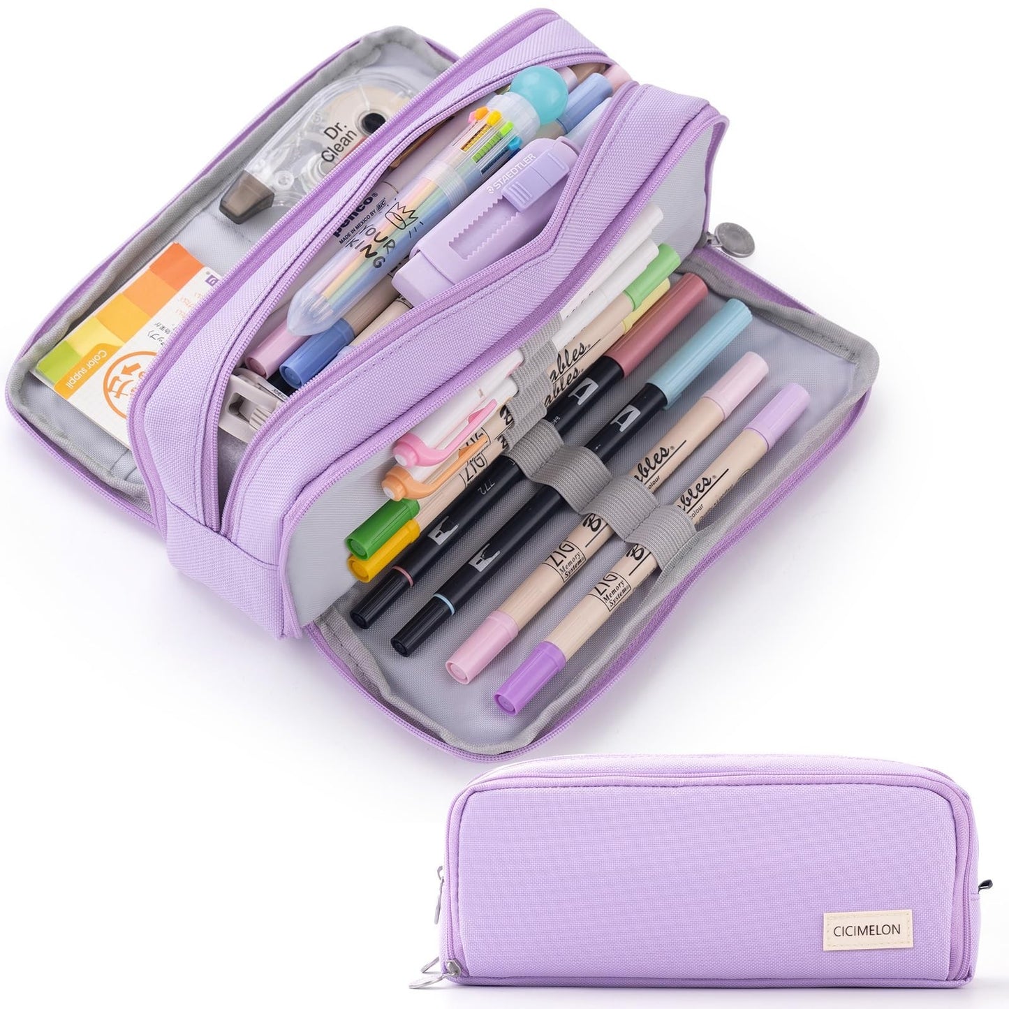 Large Capacity 3 Compartment Pencil Case Pouch Bag for School & Office   Purple0