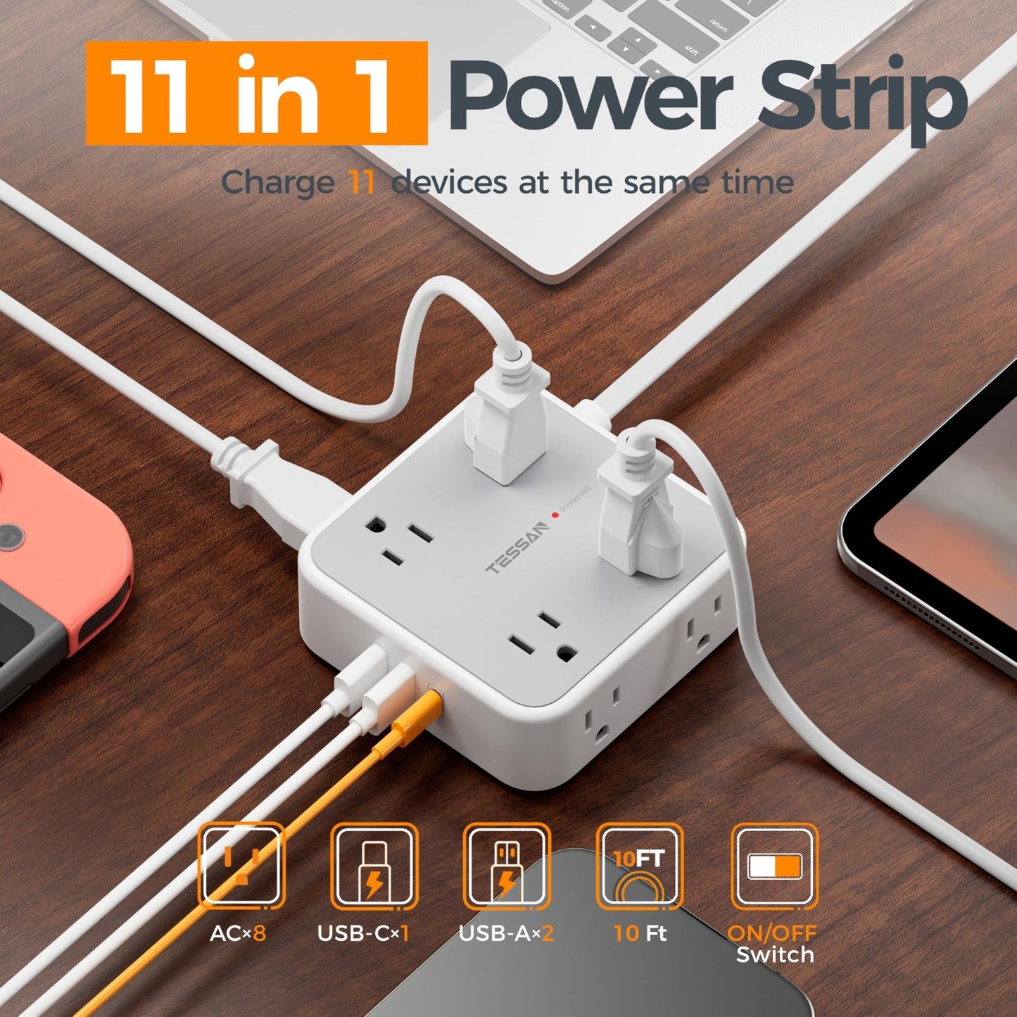 Surge Protector Power Strip 900J Protection, 10 Ft Extension Cord, Grey2