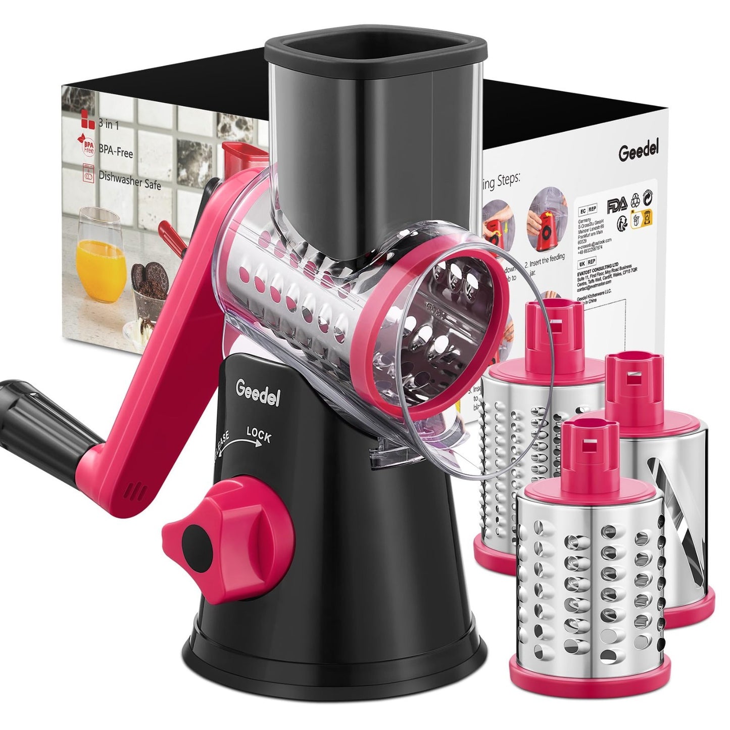 Hand Crank Rotary Cheese Grater & Vegetable Slicer   3 Blades, Stainless Steel,1