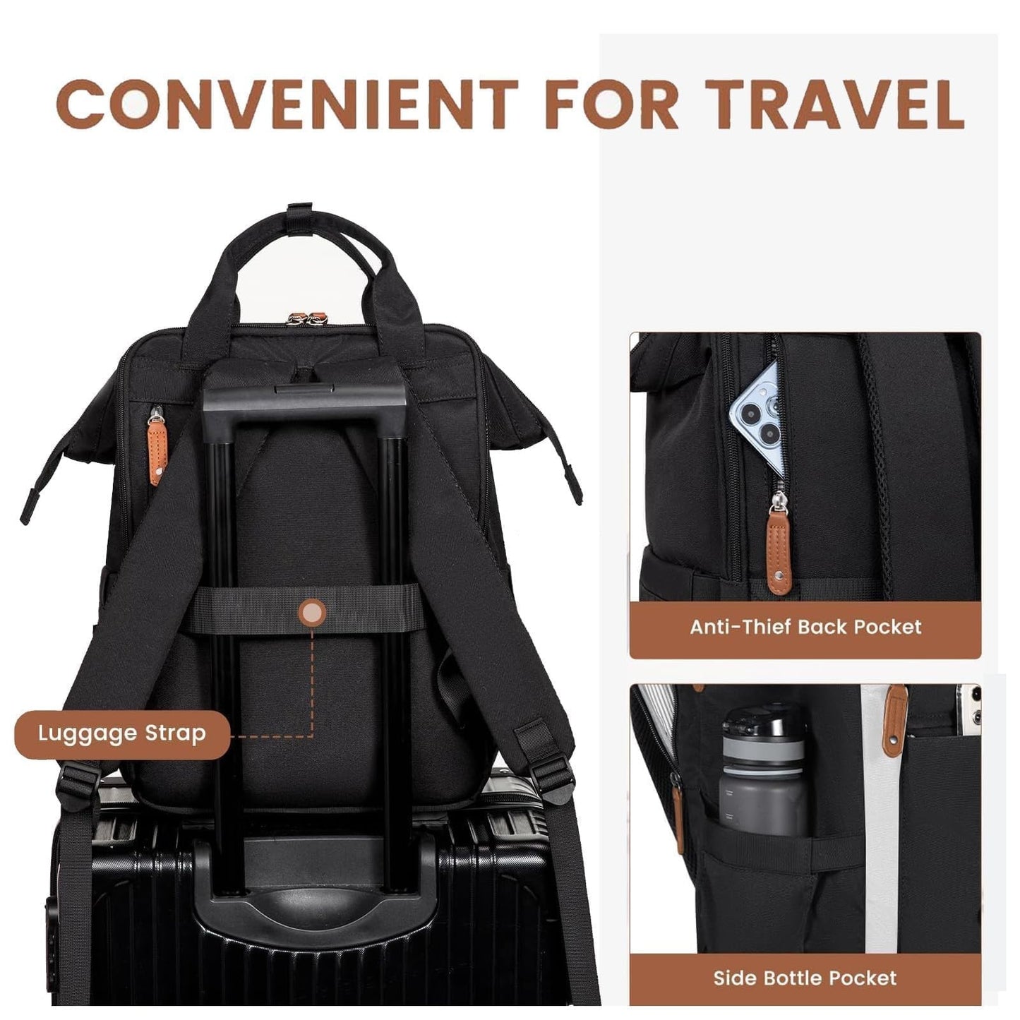 Stylish Laptop Backpack for Women, 15.6" Computer Bag, Work Travel Purse, Black/2