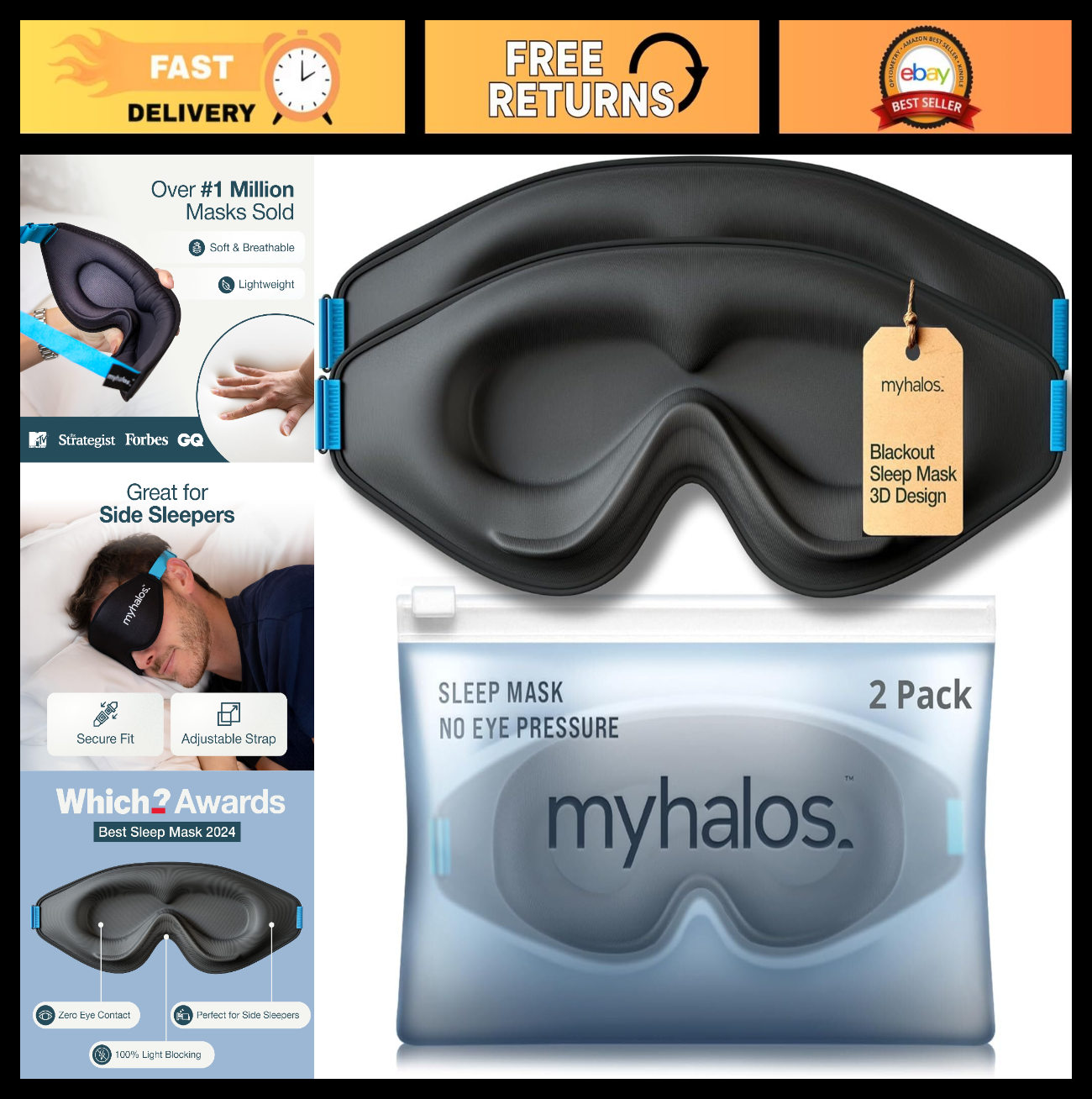 3D Blackout Sleep Mask for Men & Women | Zero Pressure, Breathable Eye Mask, Tra0