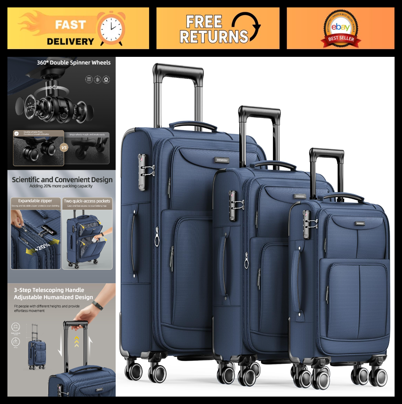 3 Piece Softside Luggage Set - Expandable, Lightweight, 360° Spinner Wheels, TSA0