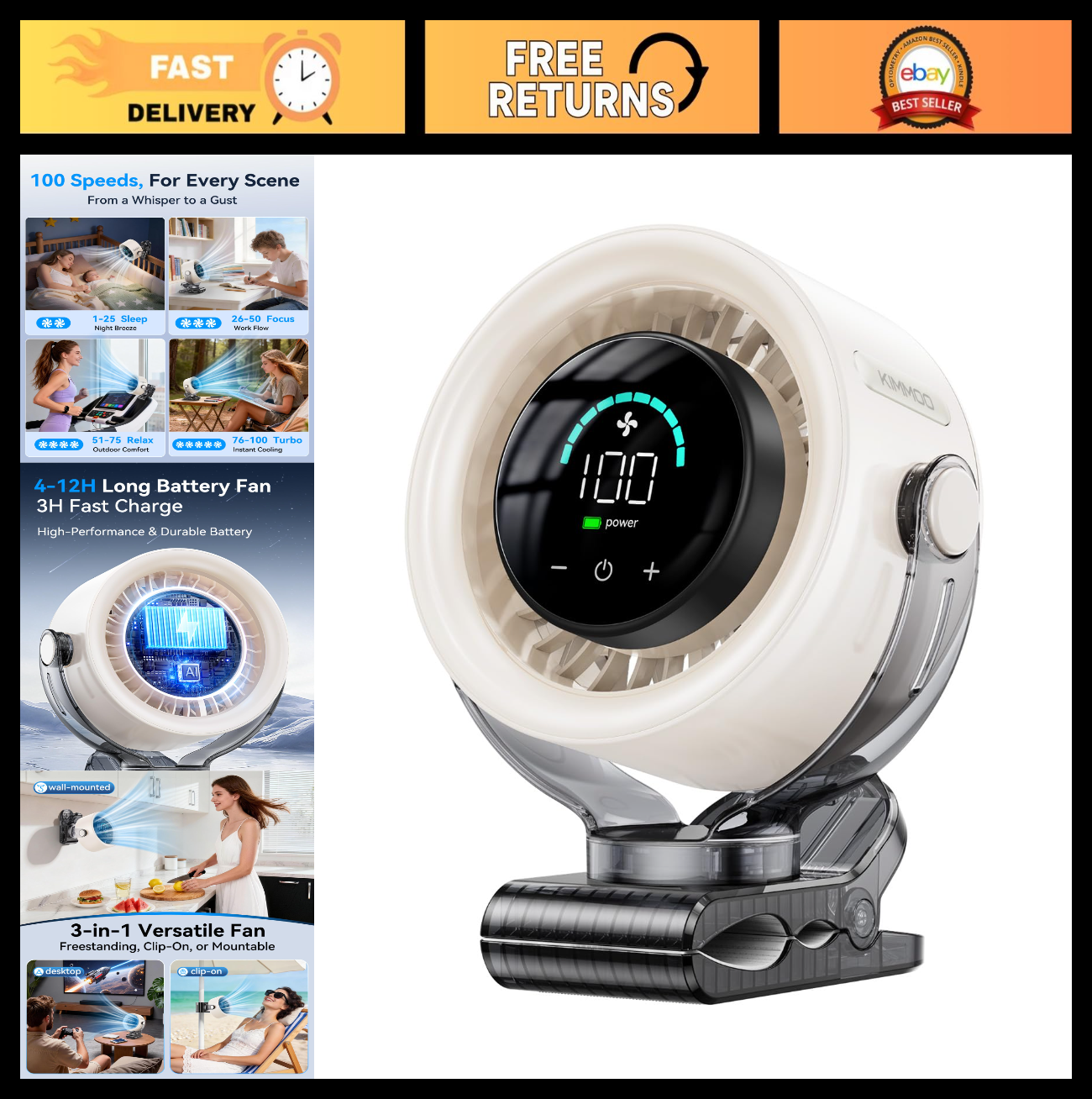 4000mAh Portable Clip On Fan   100 Speed Touch Control, LED Display, 360° Rotati0
