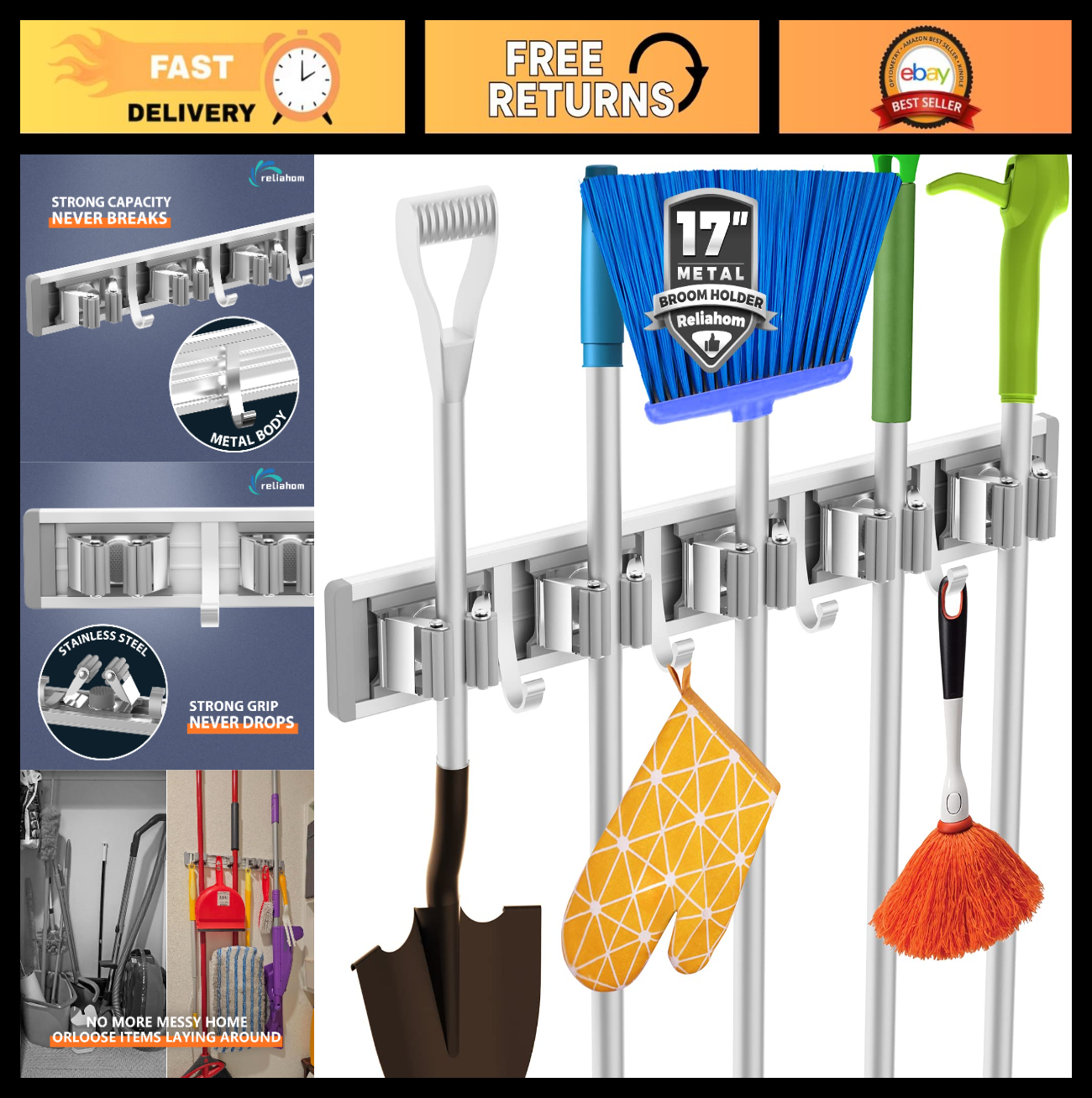 Wall Mount Broom Holder & Mop Hanger - 5 Racks, 4 Hooks Tool Organizer0