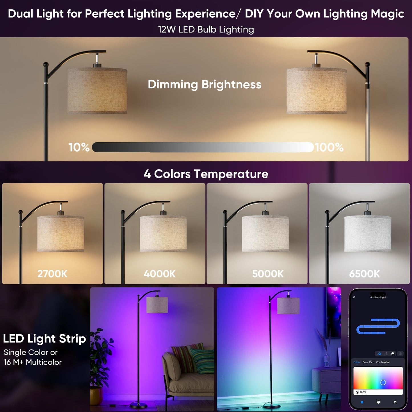 Color Changing Smart LED Corner Lamp with Linen Shade, Alexa Compatible, Music S4