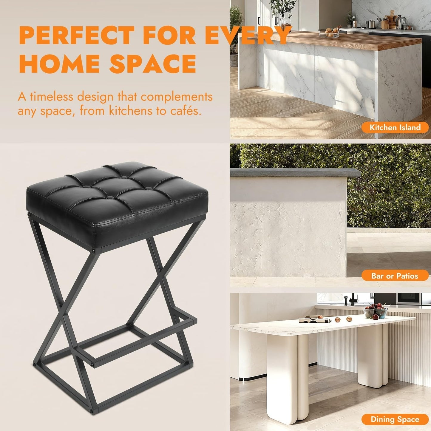 Set of 2 Backless 26" Counter Height Bar Stools, Faux Leather, Modern X-Frame Me5