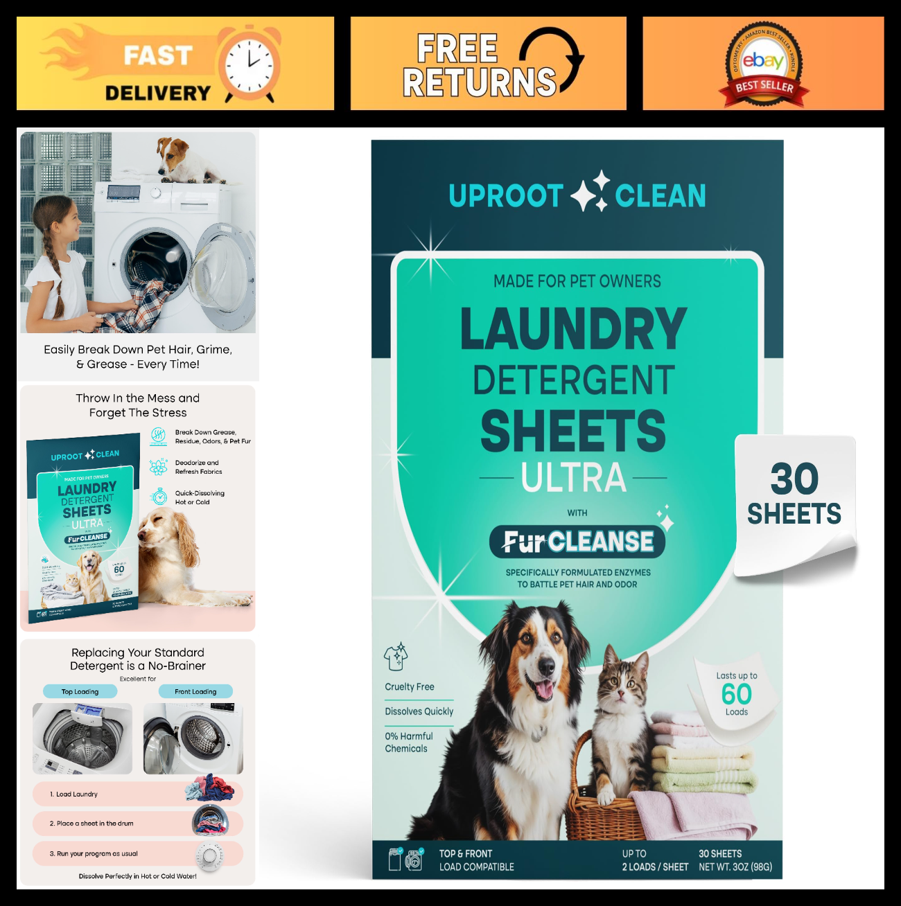 Ultra Pet Laundry Detergent Sheets, Unscented, 60 Loads, Travel Pack, Fur & Odor0